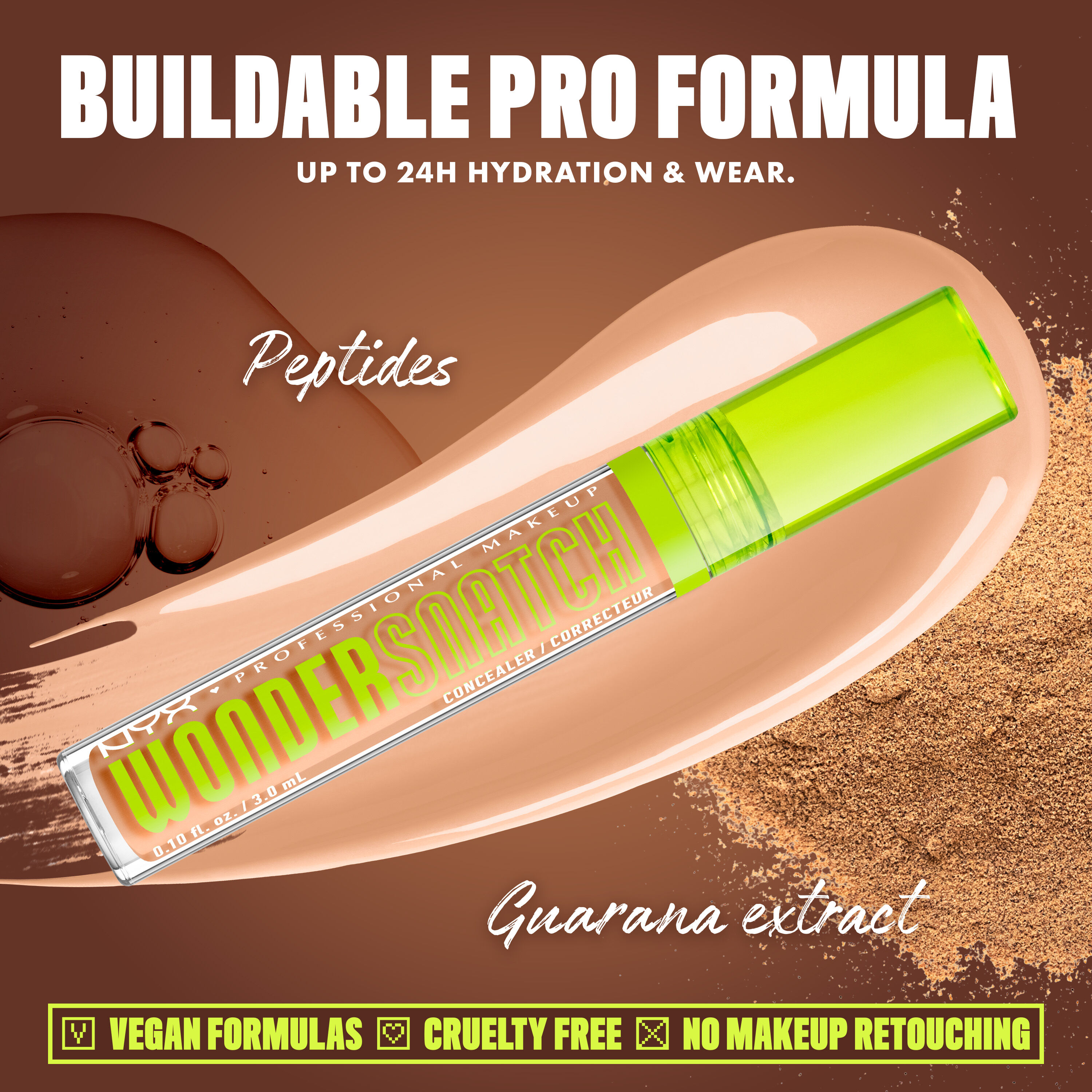 Wonder Snatch(TM) Concealer image with text: "Buildable Pro Formula. Up to 24H Hydration & Wear. Peptides. Guarana extract. Vegan Formulas. Cruelty Free. No Makeup Retouching."