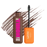 NYX Professional Makeup Rithickulous Brow Volume Mousse in Taupe, a light cool ash brown, with spoolie wand and brow gel swatch