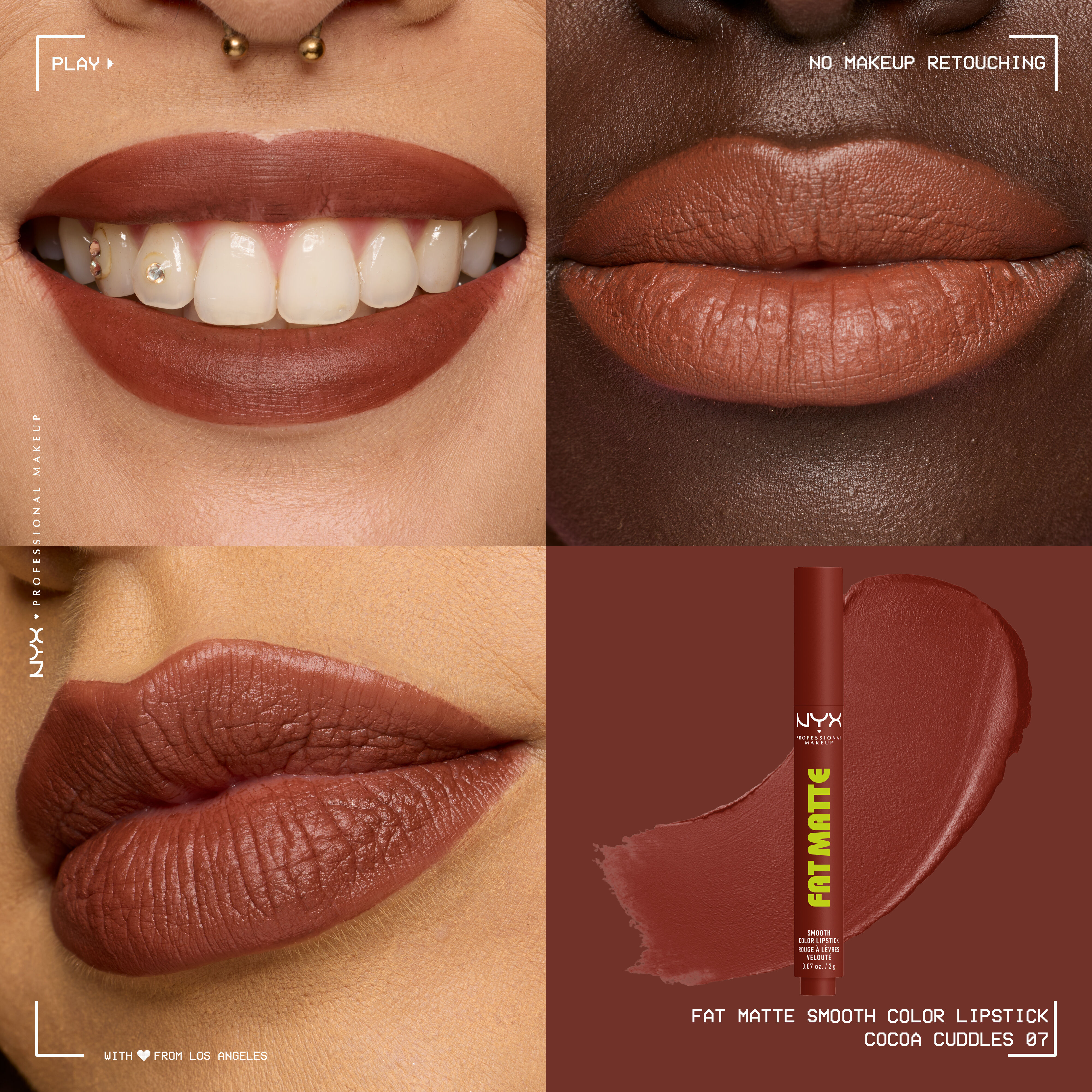 Four-panel grid showing NYX Professional Makeup Fat Matte Smooth Color Lipstick in shade Cocoa Cuddles on three diverse skin tones with a smooth, non-cakey matte finish, alongside the click-pen packshot and shade swatch.