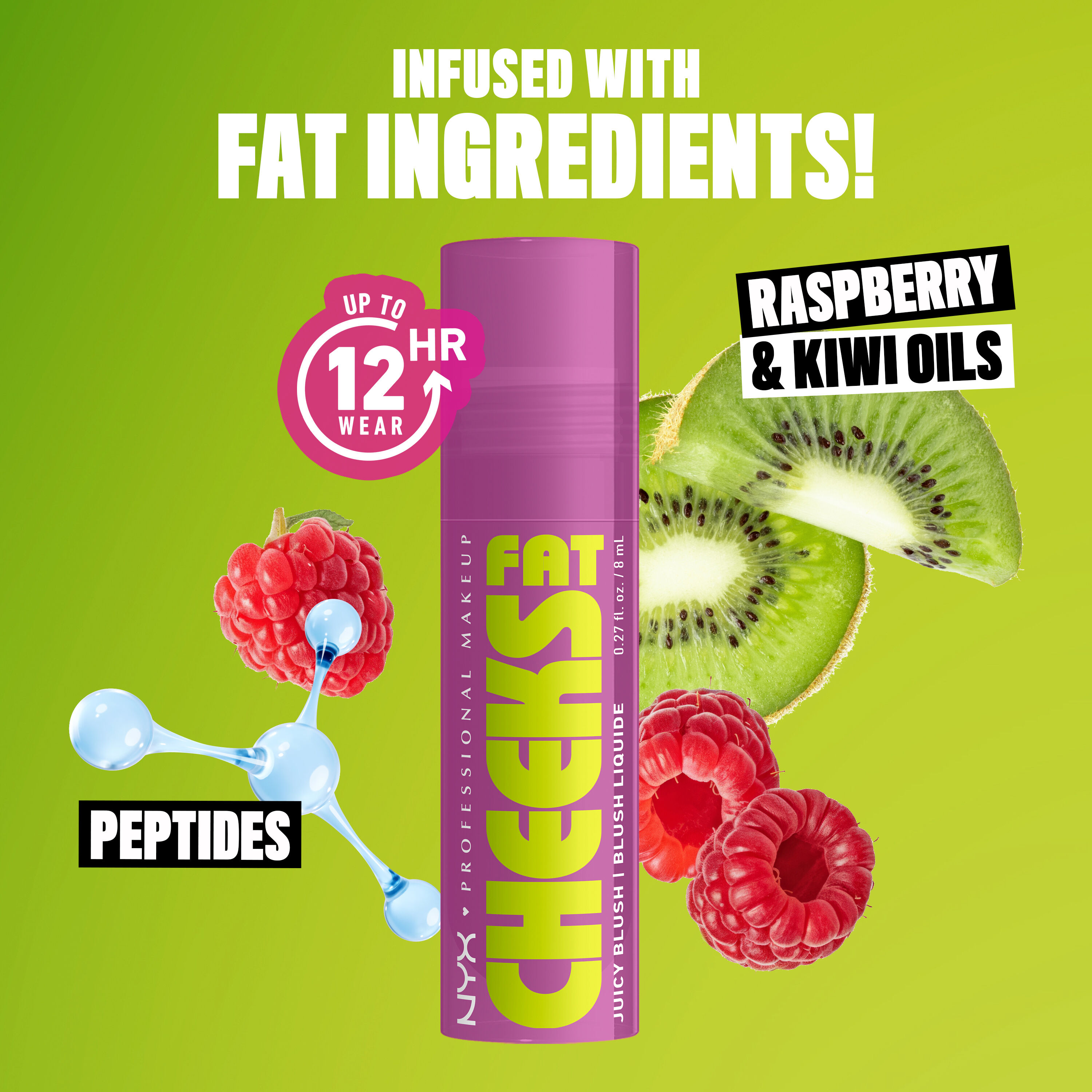 Fat Cheeks Juicy Blush with kiwis, raspberries, and artistic rendering of peptides to show hydrating ingredients