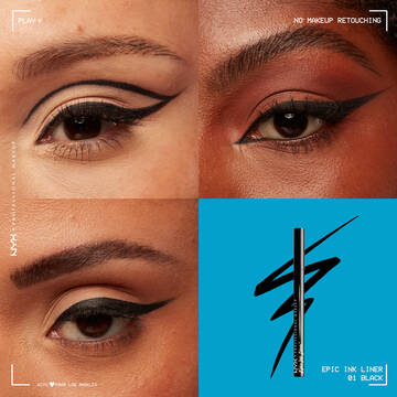 A collage with 3 models with different skintones wearing Epic Ink Waterproof Liquid Eyeliner in shade Black & a packshot