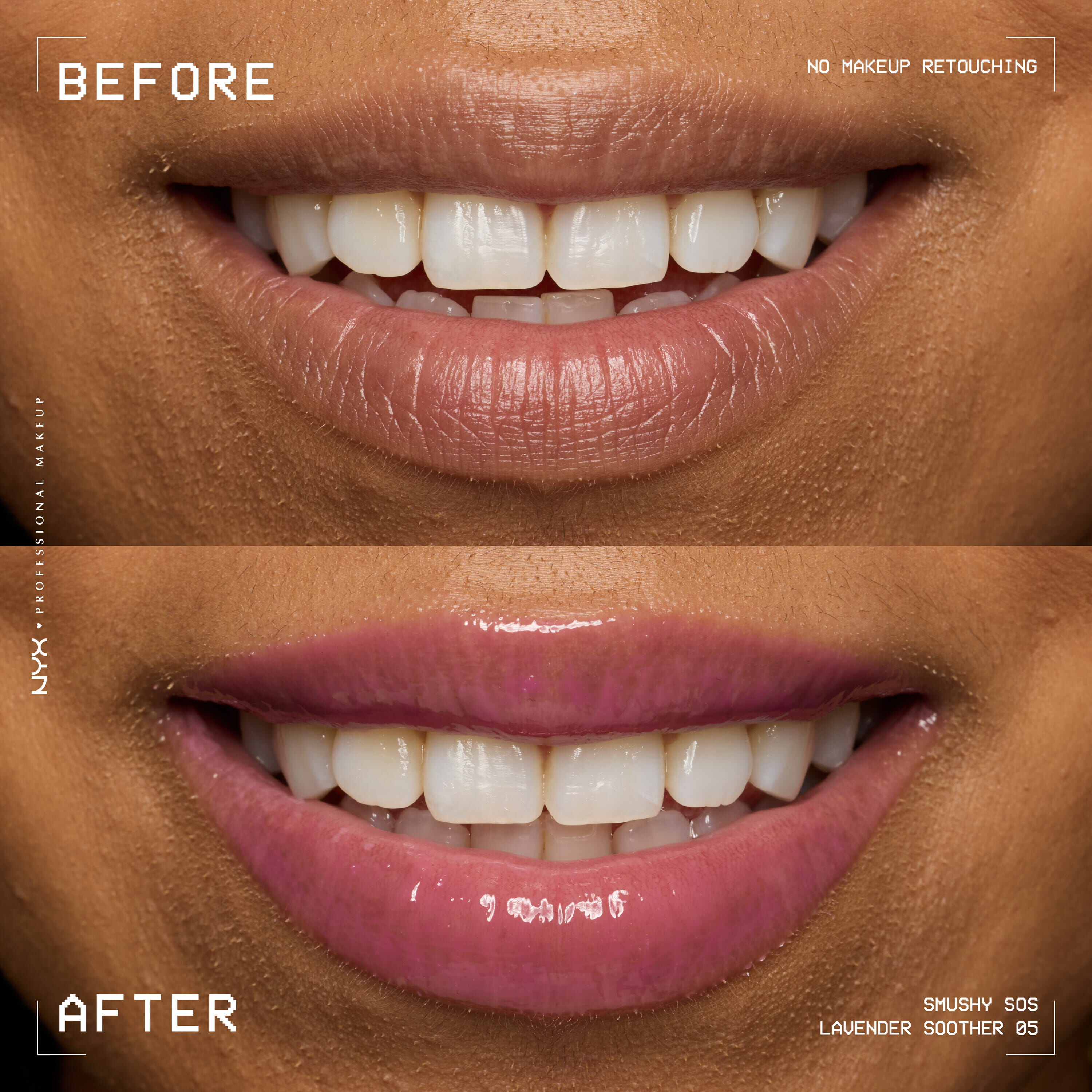 Before and after of dry lips vs glossy hydrated lips with NYX Professional Makeup Smushy SOS lip mask in Lavender Soother