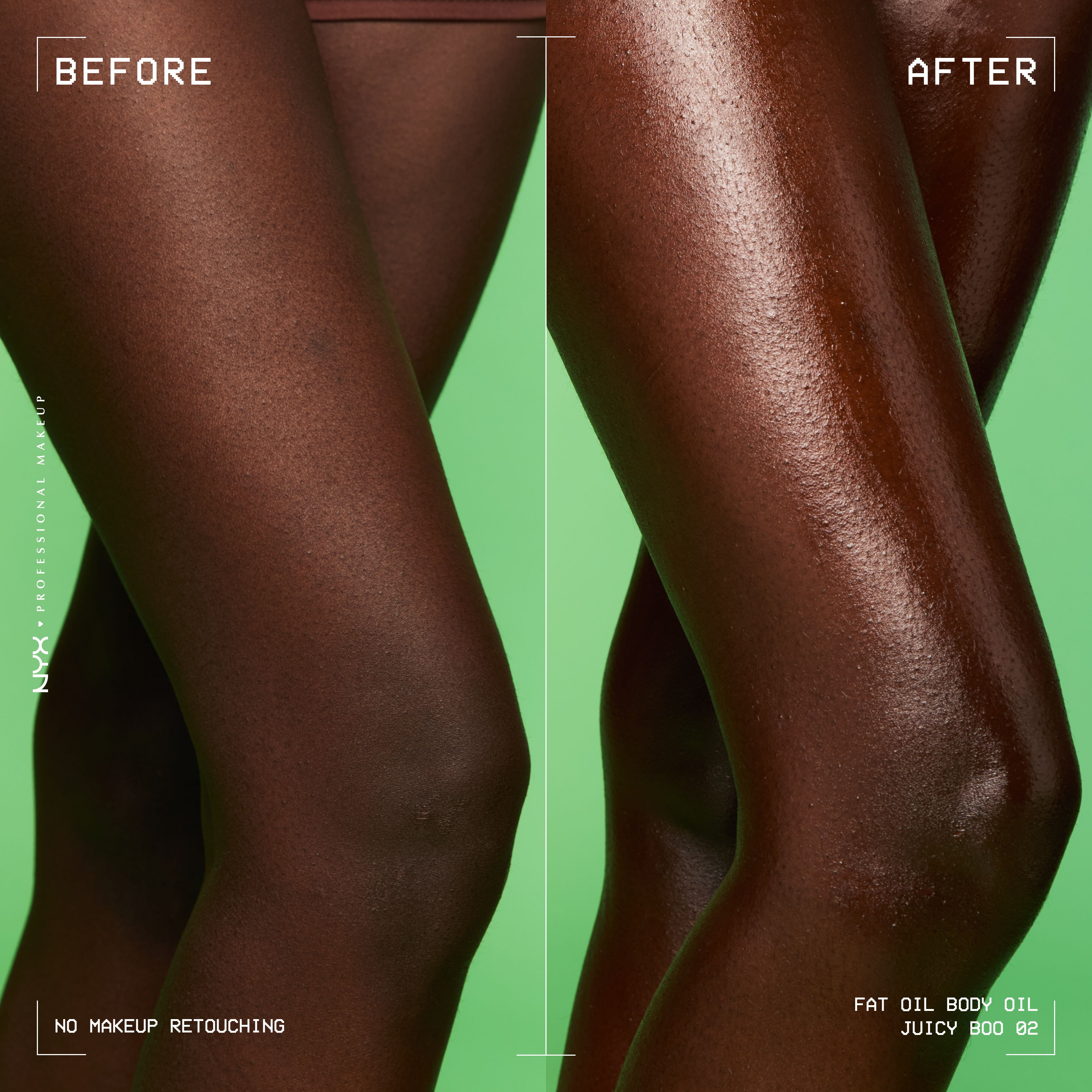 Model's glowing legs and body with Juicy Boo Body Oil applied on lime green background.