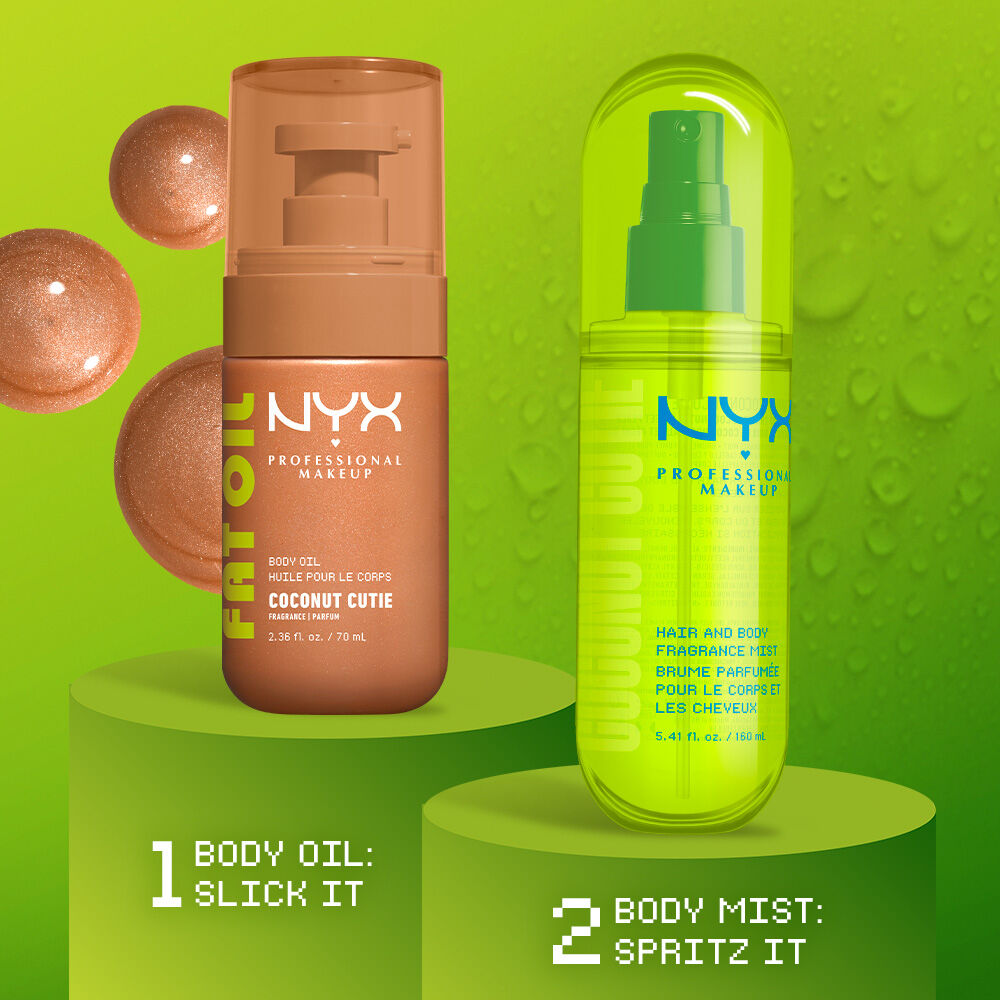Two NYX Professional Makeup Coconut Cutie products on lime green display stands: Fat Oil body oil and hair & body fragrance mist. Text reads: 1 Body Oil: Slick It and 2 Body Mist: Spritz It.