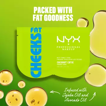 Packed with Fat Goodness - NYX Professional Makeup Fat Cheeks Butt Mask on lime green background. Infused with Jojoba Oil and Avocado Oil.