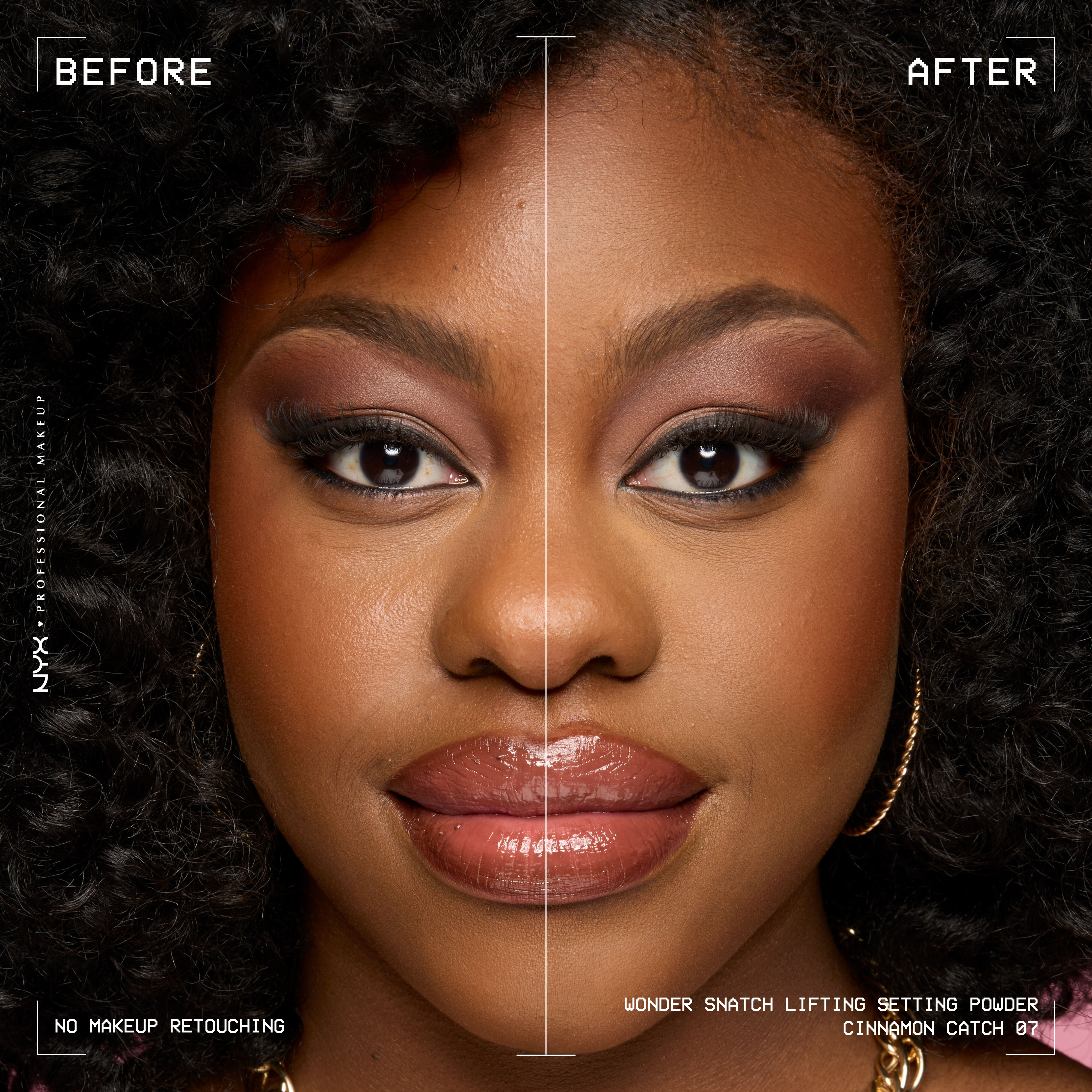 Smiling model before and after applying Wonder Snatch Loose Setting Powder in translucent rich shade Cinnamon Catch