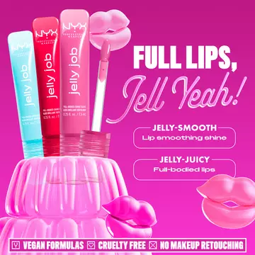 Jelly Job Jelly Lip Glosses with highlighting benefits: full lips, lip smoothing shine, vegan formula, cruelty free
