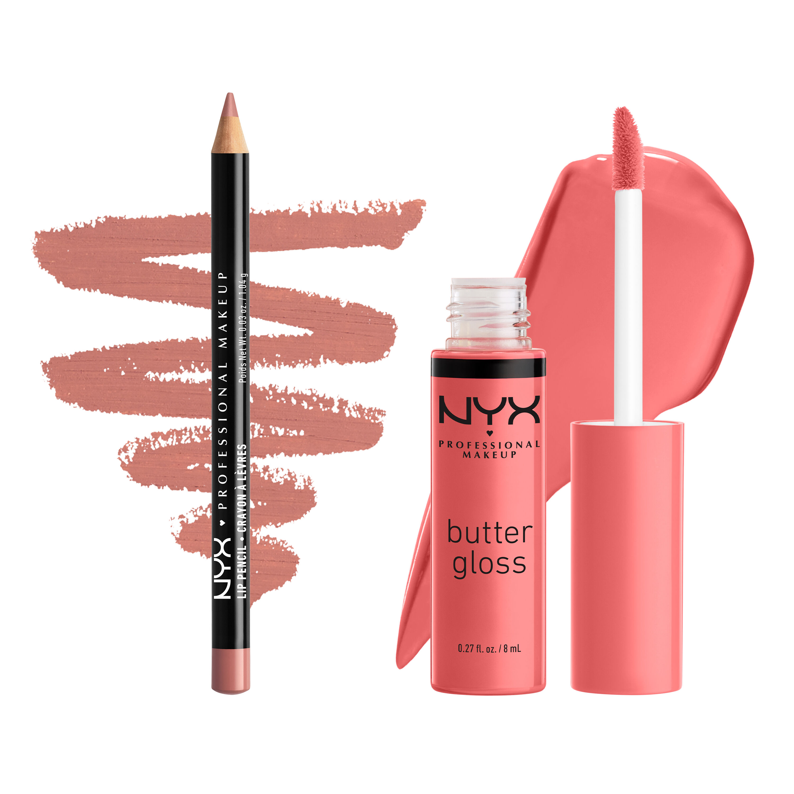 NYX Professional Makeup Slim Lip Pencil in 858 Nude Pink and Butter Gloss in 05 Creme Brulee shown with matching lip swatches on a white background.