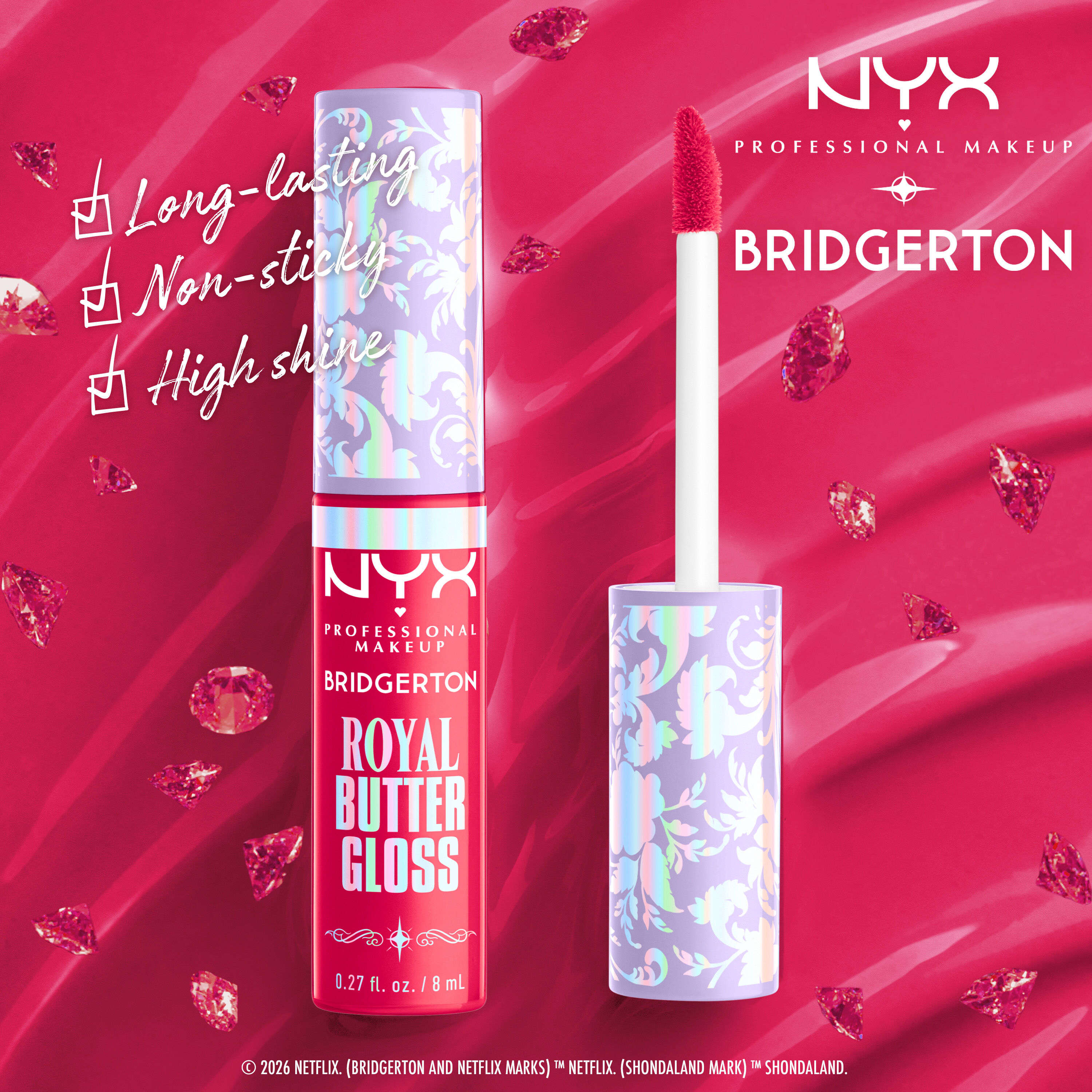 NYX Royal Butter Gloss displayed with applicator wand, highlighting benefits like long-lasting, non-sticky, and high shine in shade Summer Fruit, Rumour Has It