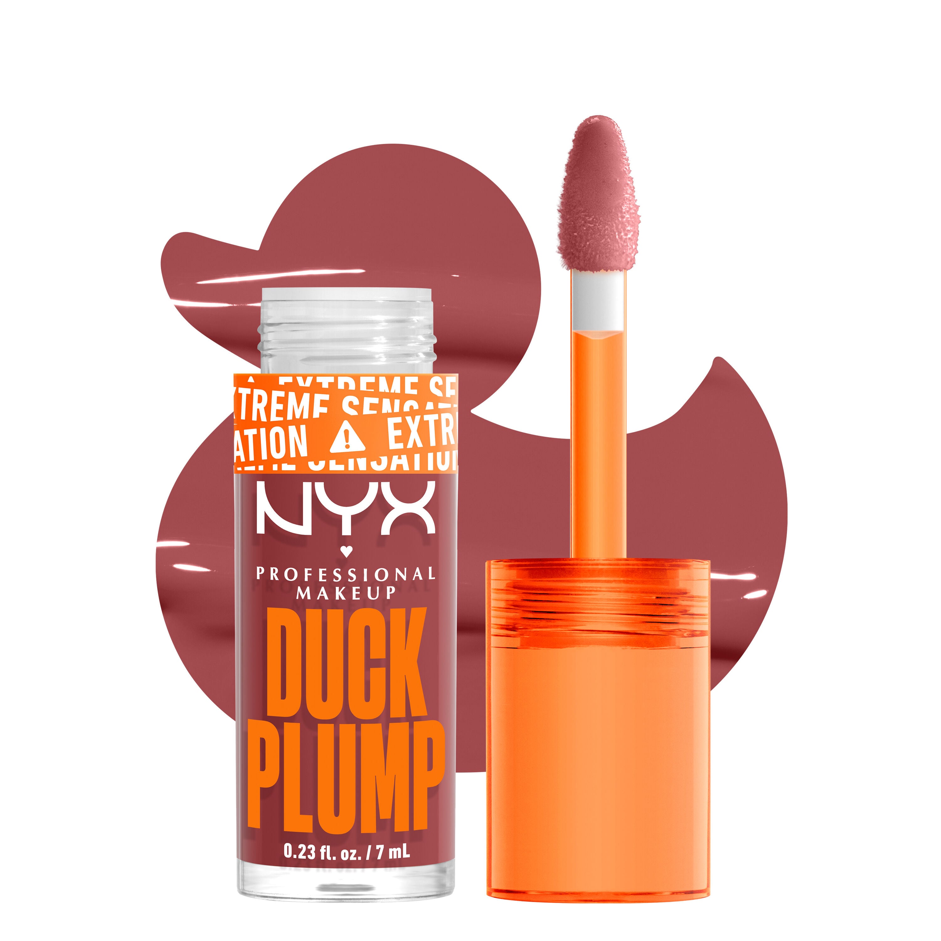 Duck Plump lip gloss bottle and applicator with duck cutout background
