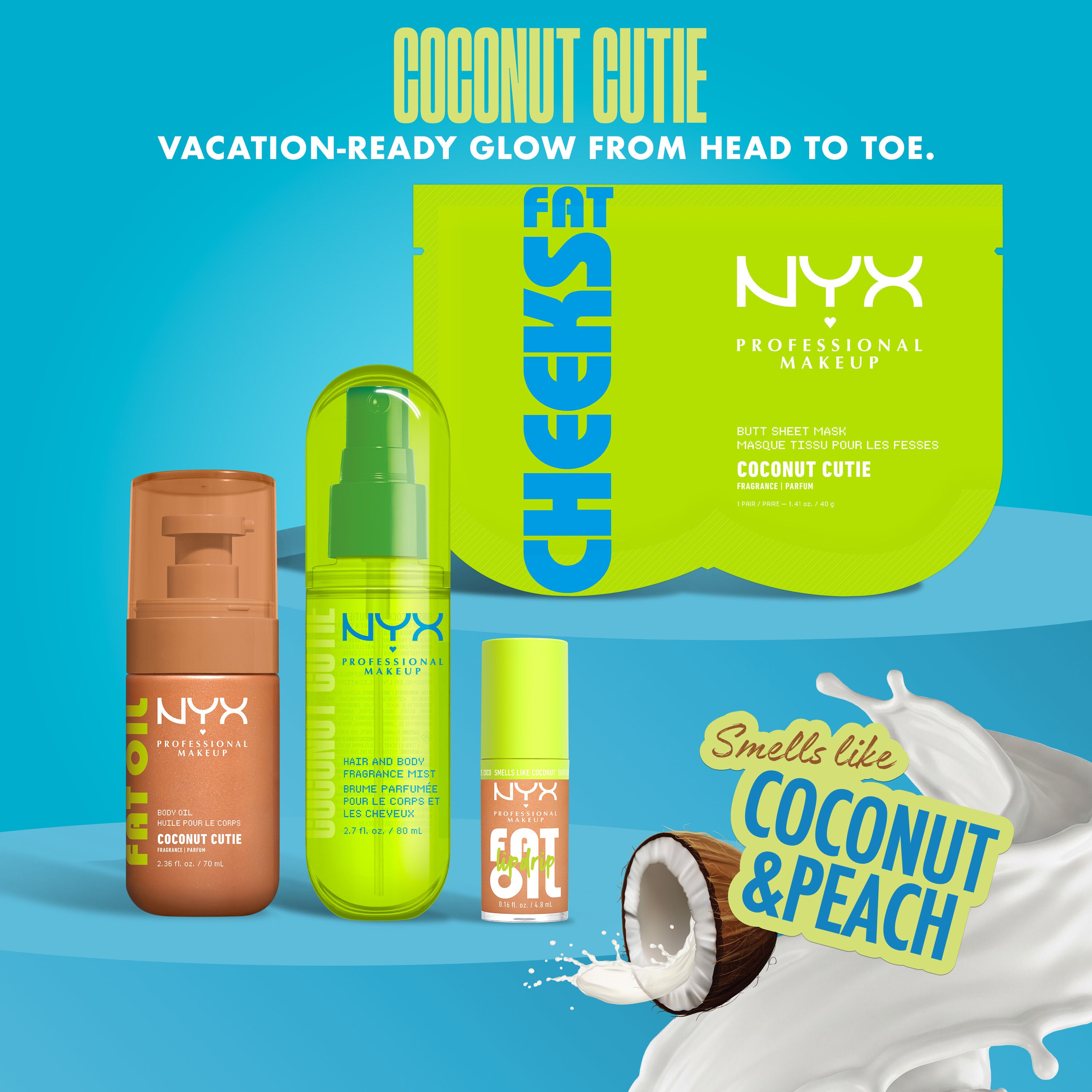 Lineup of Coconut Cutie products on blue background with coconut & peach scent description and callout: vacation-ready glow from head to toe.
