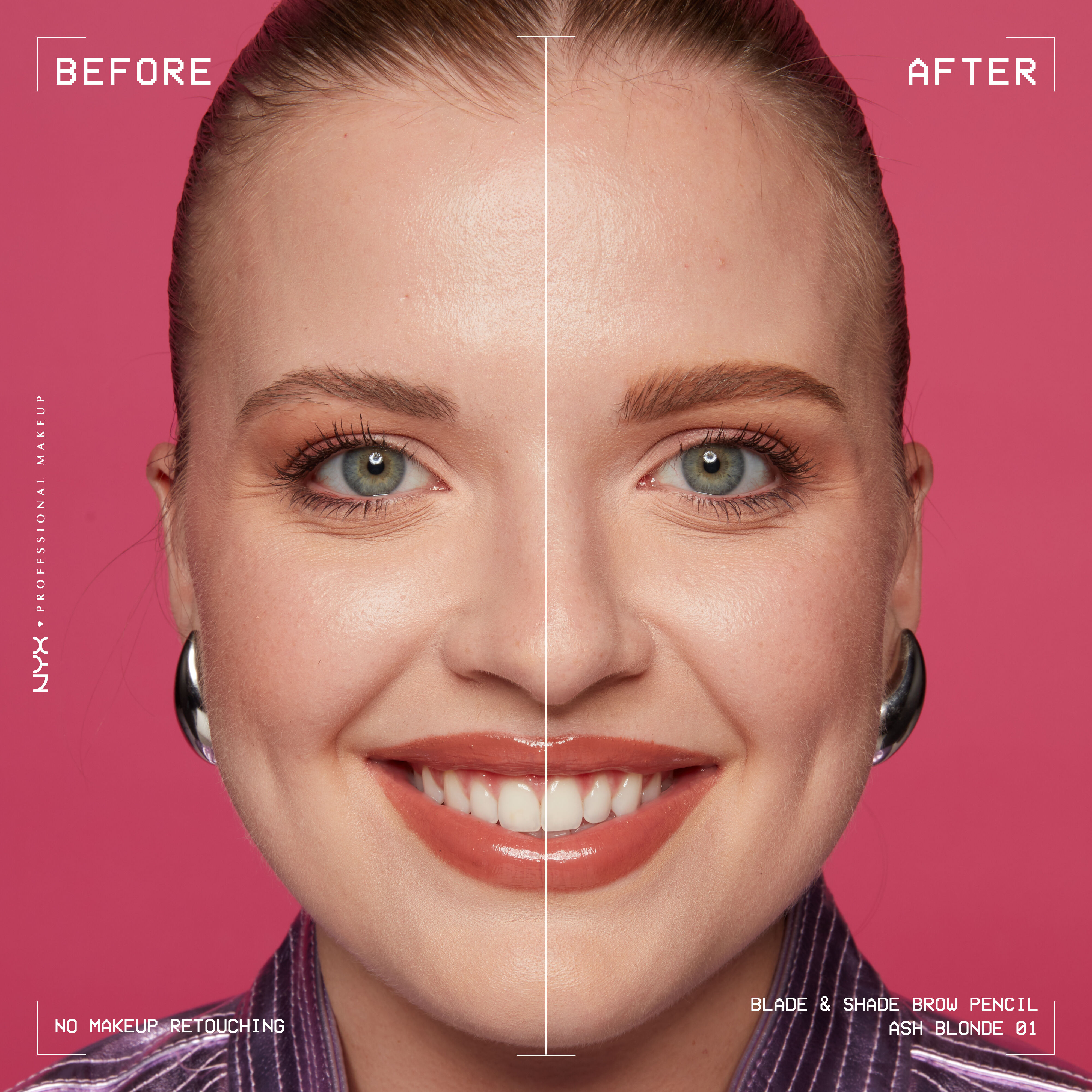 woman facing forward showing before and after of Blade & Shade Nano Brow Pencil on eyebrows