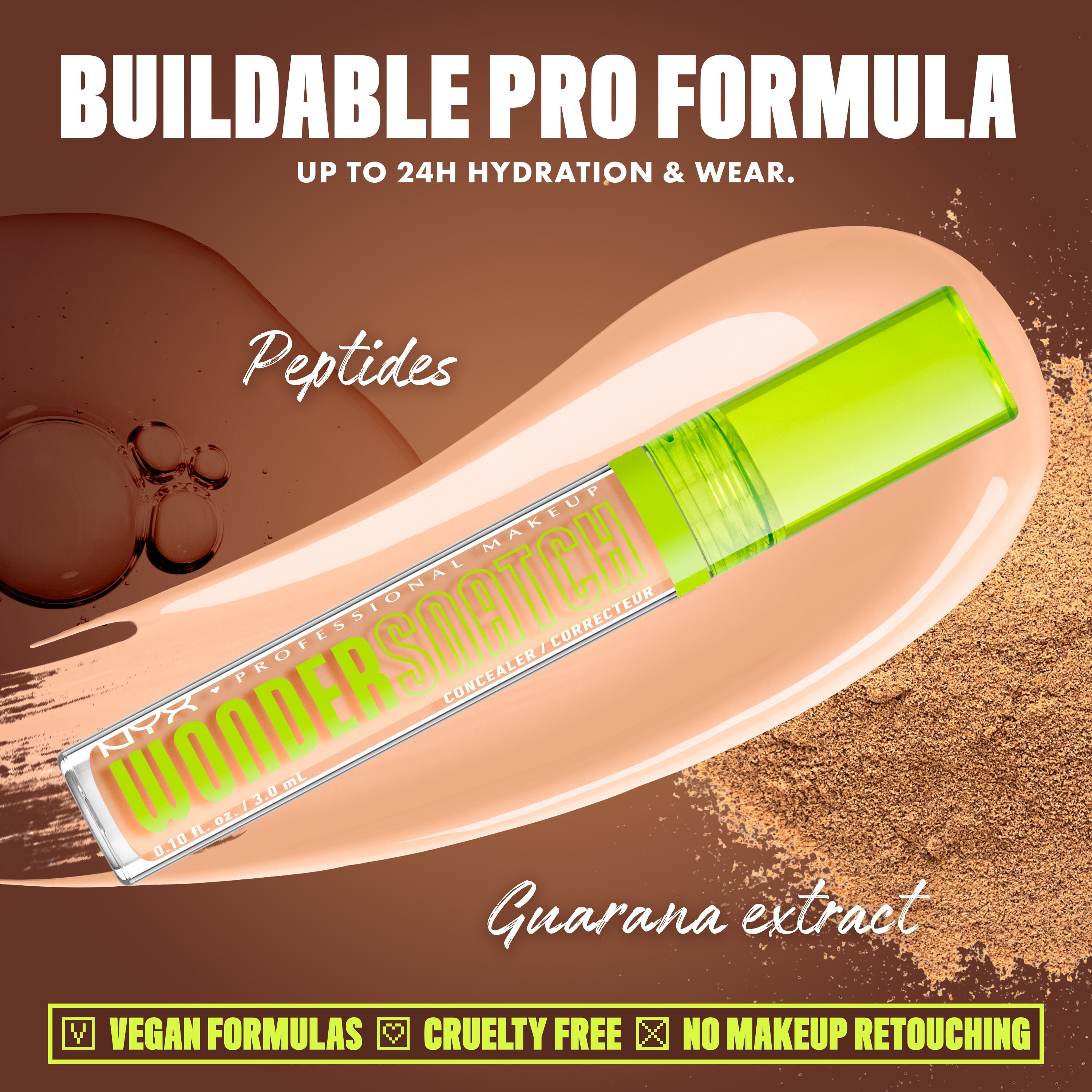 Wonder Snatch(TM) Concealer image with text: "Buildable Pro Formula. Up to 24H Hydration & Wear. Peptides. Guarana extract. Vegan Formulas. Cruelty Free. No Makeup Retouching."