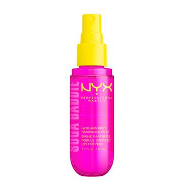 NYX Professional Makeup Suga Baddie Hair & Body Fragrance Mist - front packshot of pink bottle with yellow nozzle on white background.