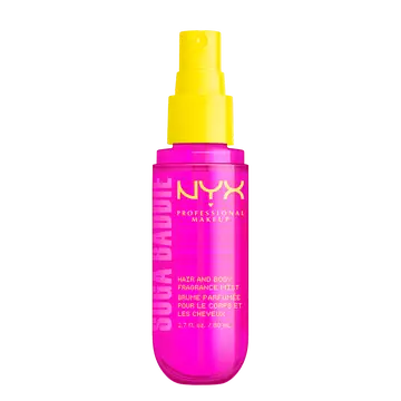 NYX Professional Makeup Suga Baddie Hair & Body Fragrance Mist - front packshot of pink bottle with yellow nozzle on white background.