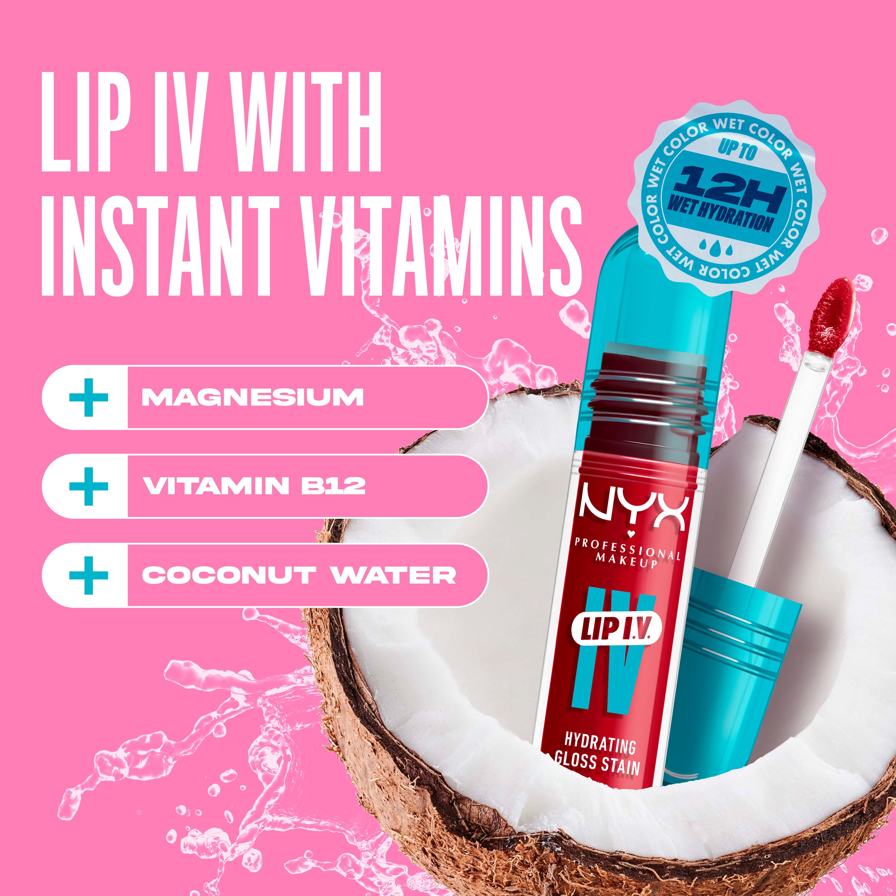 Lip I.V. Hydrating Gloss Lip Stain in a coconut with text "Lip I.V. with Instant Vitamins"