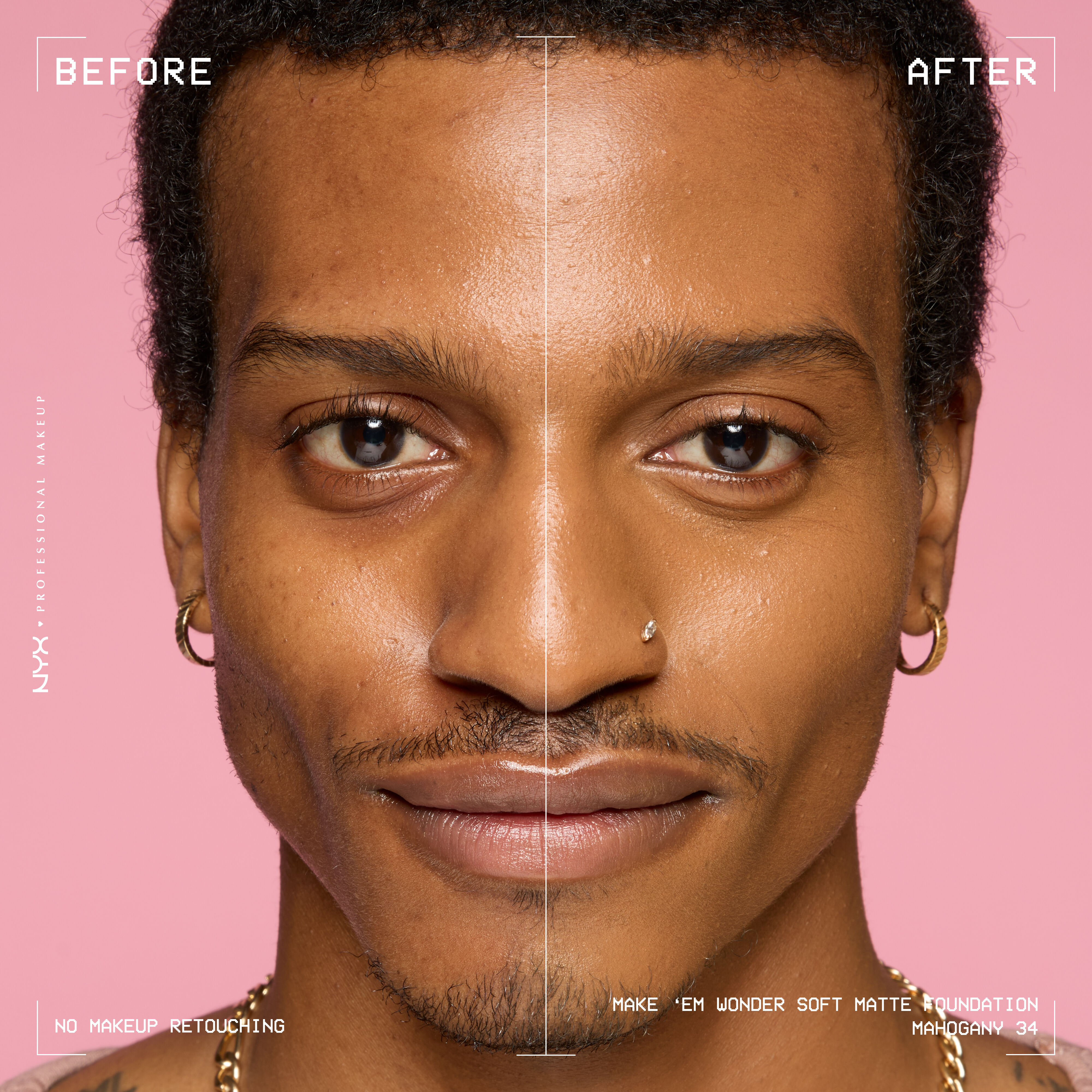 Before-and-after male model wearing NYX Make ’Em Wonder Foundation shade 34 Mahogany, text overlay “Before / After.”