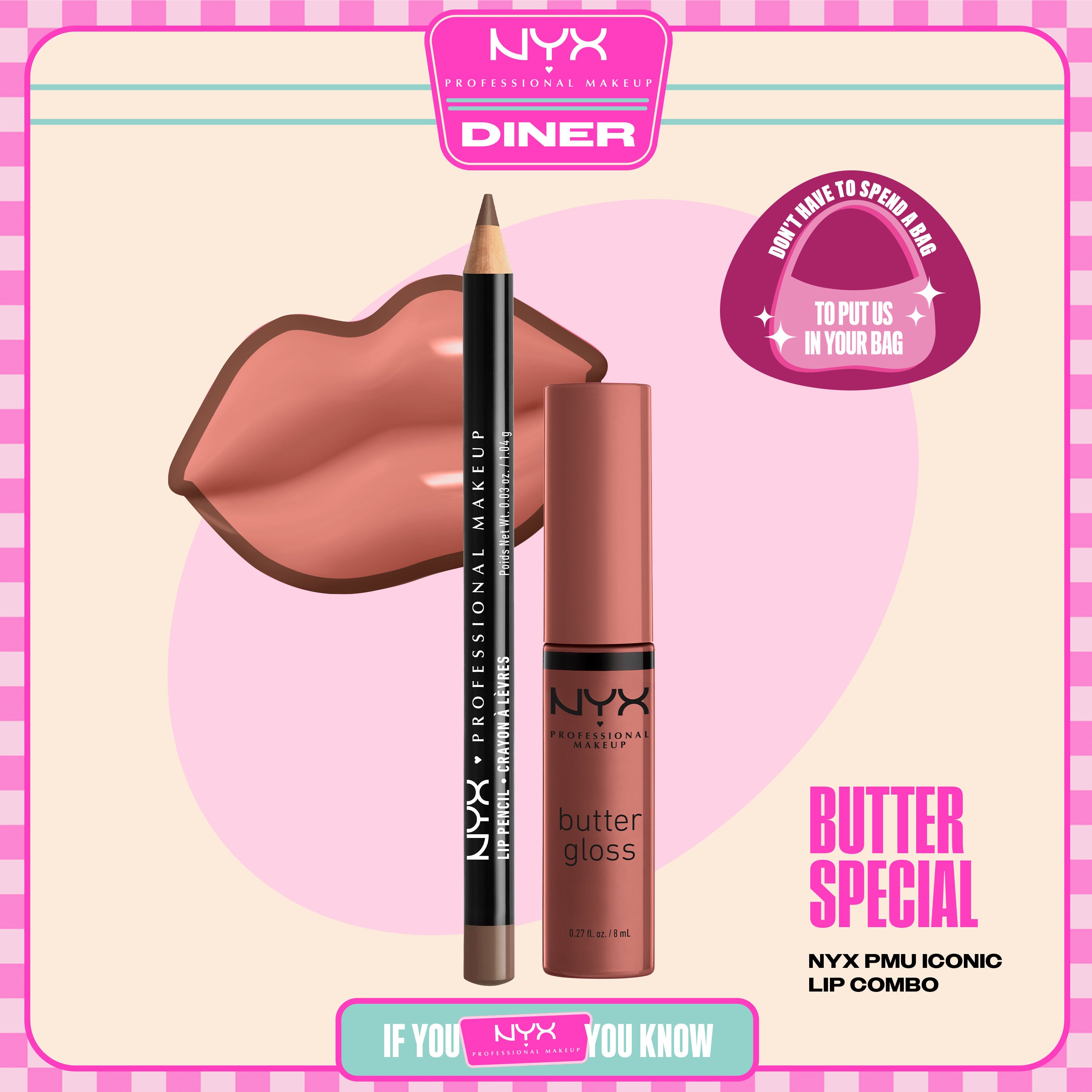 NYX Professional Makeup Slim Lip Pencil in 820 Espresso and Butter Gloss in 16 Praline shown in a stylized packshot with lip graphic and product packaging.