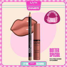 NYX Professional Makeup Slim Lip Pencil in 820 Espresso and Butter Gloss in 16 Praline shown in a stylized packshot with lip graphic and product packaging.