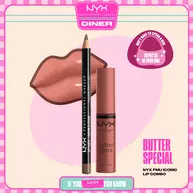 NYX Professional Makeup Slim Lip Pencil in 820 Espresso and Butter Gloss in 16 Praline shown in a stylized packshot with lip graphic and product packaging.
