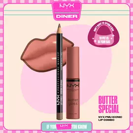 NYX Professional Makeup Slim Lip Pencil in 820 Espresso and Butter Gloss in 16 Praline shown in a stylized packshot with lip graphic and product packaging.