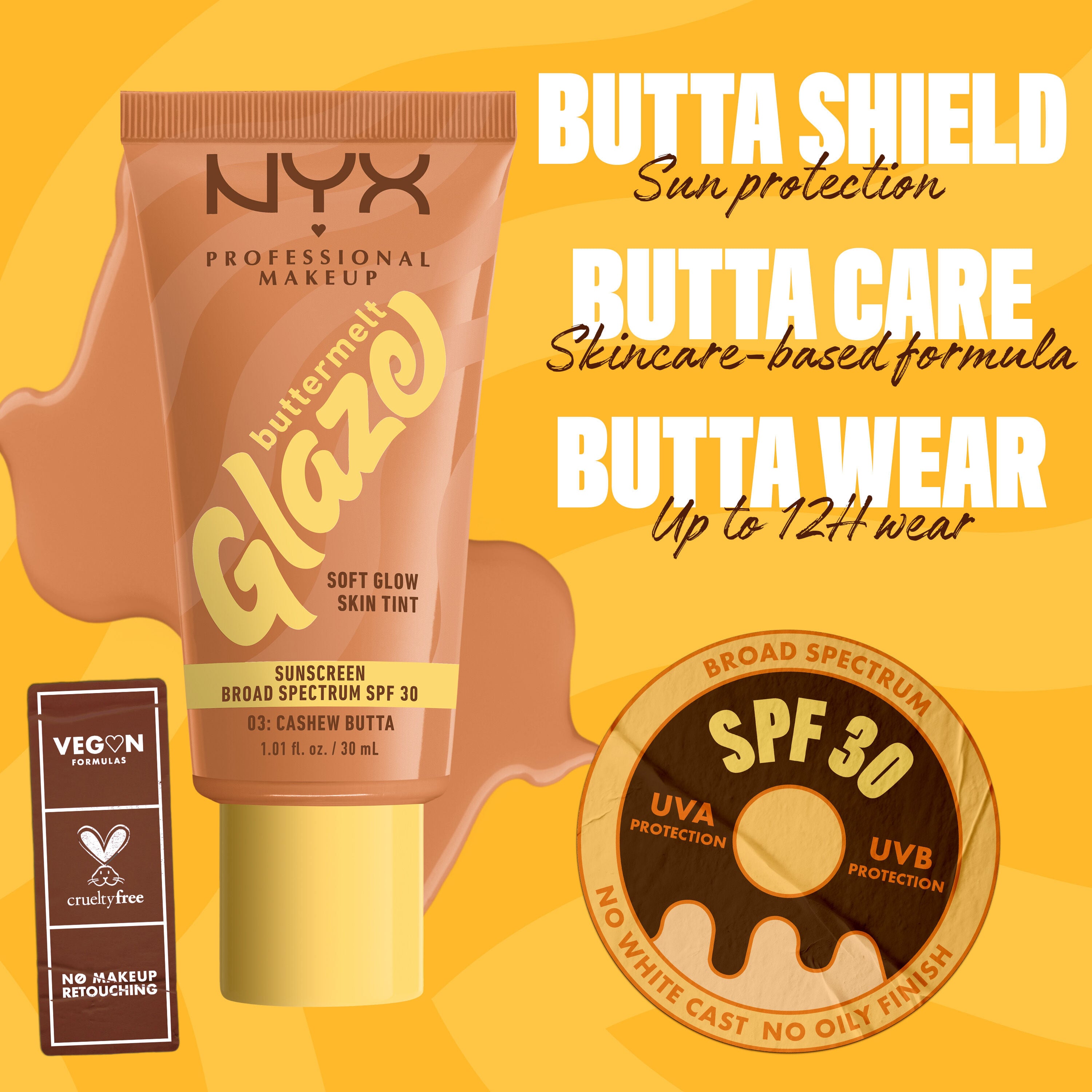  infographic of Buttermelt Glaze Skin Tint with text about sun protection, 12H wear, SPF 30, vegan and cruelty-free