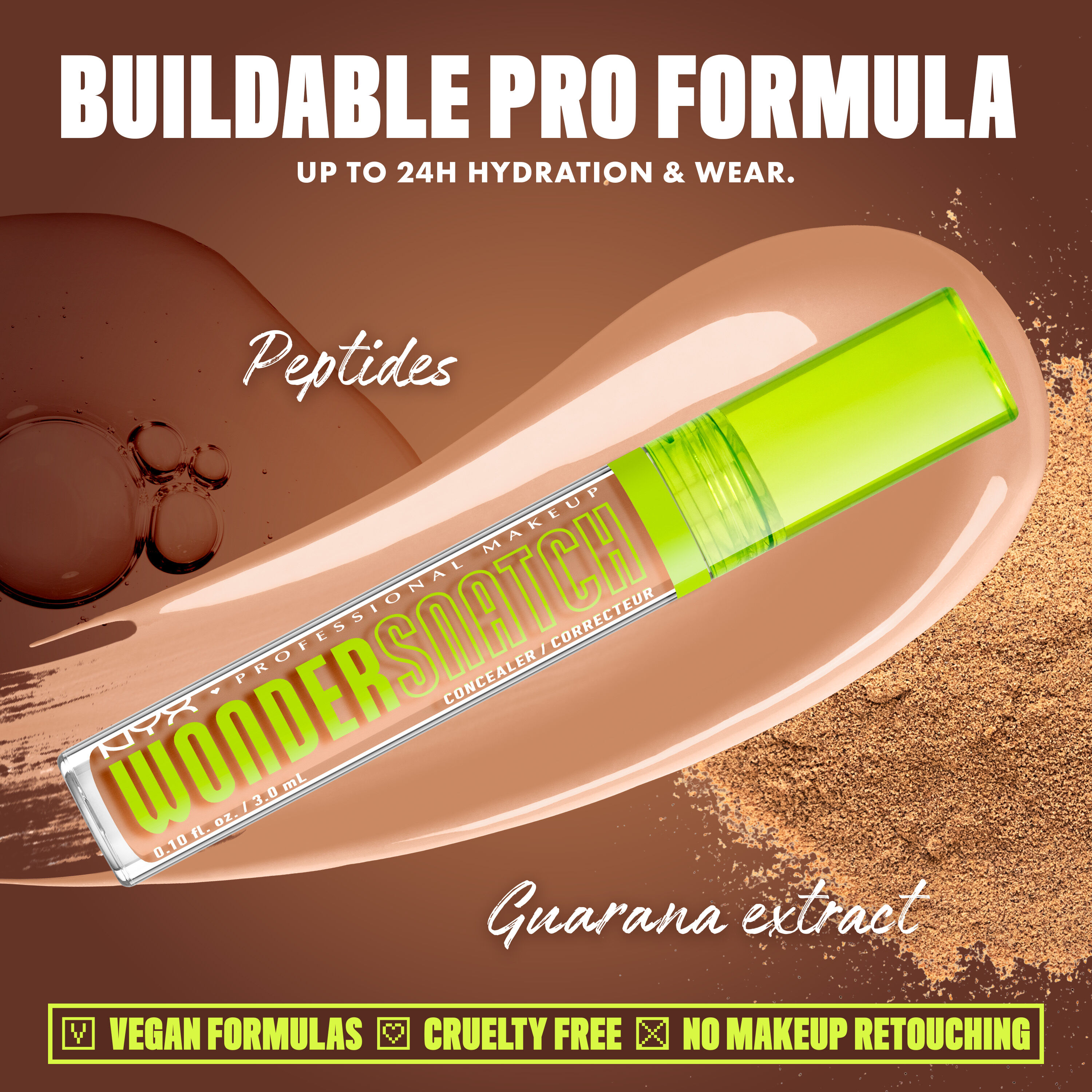 Wonder Snatch(TM) Concealer image with text: "Buildable Pro Formula. Up to 24H Hydration & Wear. Peptides. Guarana extract. Vegan Formulas. Cruelty Free. No Makeup Retouching."