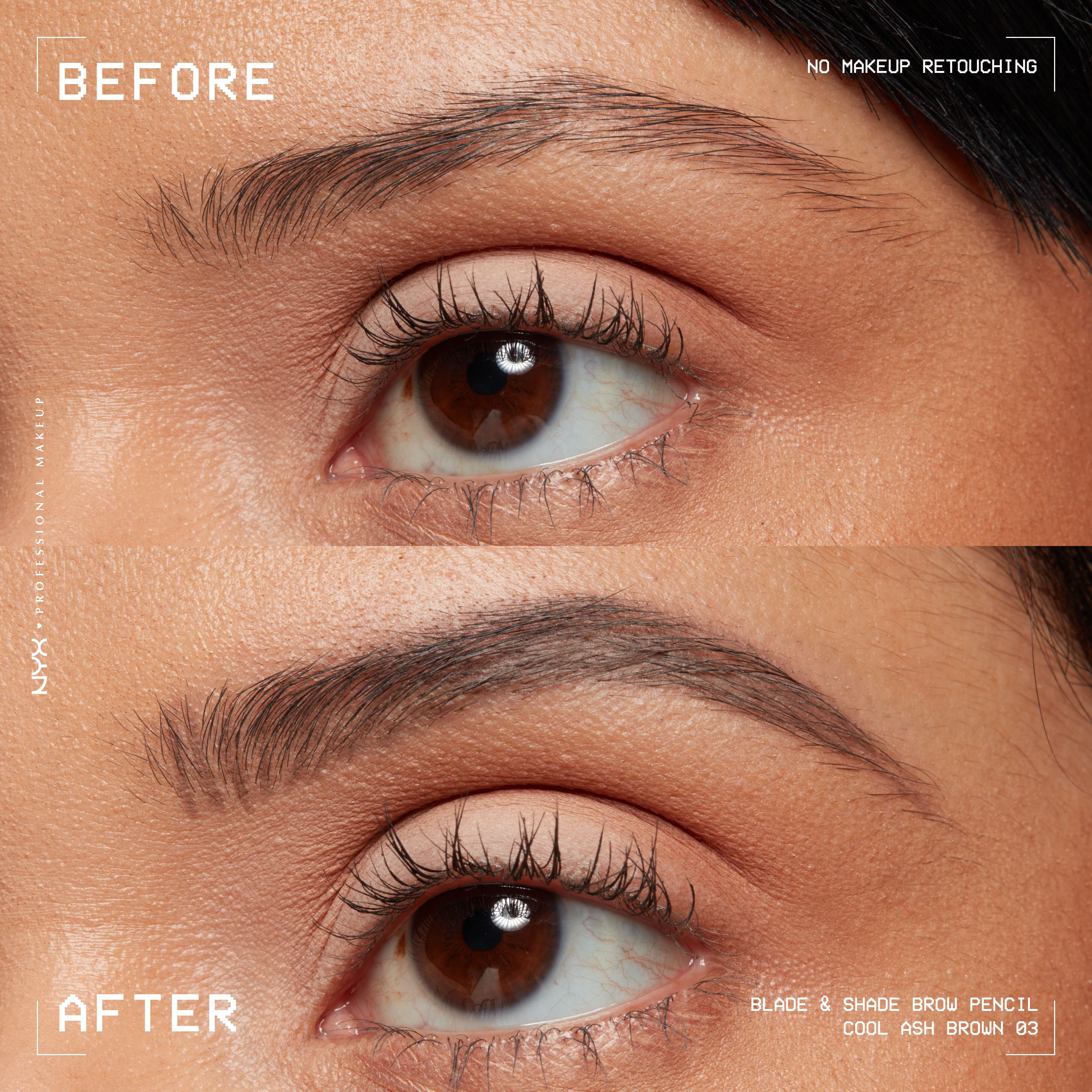 closeup before and after of Blade & Shade Nano Brow Pencil on light brown eyebrow