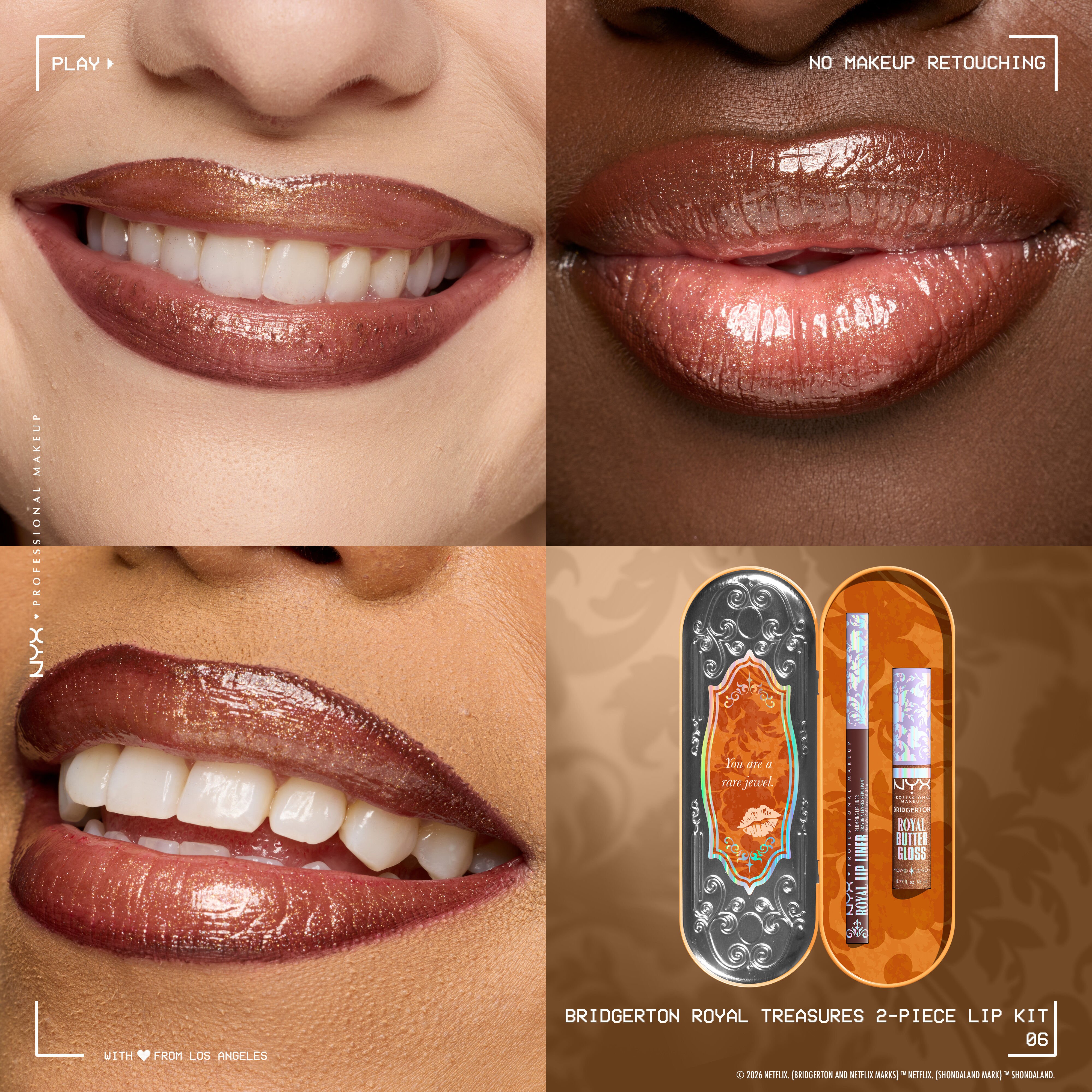 Lip macros of three different skintones wearing Bridgerton Royal Treasures 2-Piece Lip Kit and an image of the product packs next to the lips in shade Pout And About, Toffee Temptation