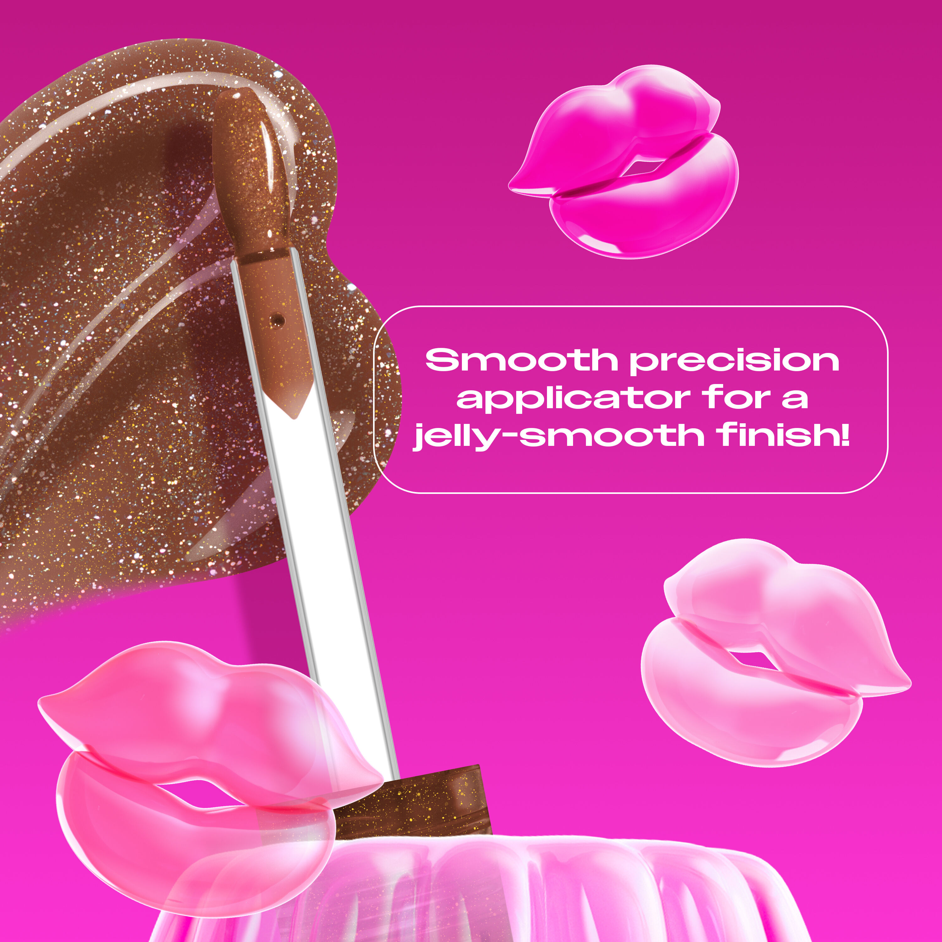 Jelly Job Lip Gloss applicator & swatch in shade 'Bling Me Jelly', with text on precision applicator for smooth lip finish  