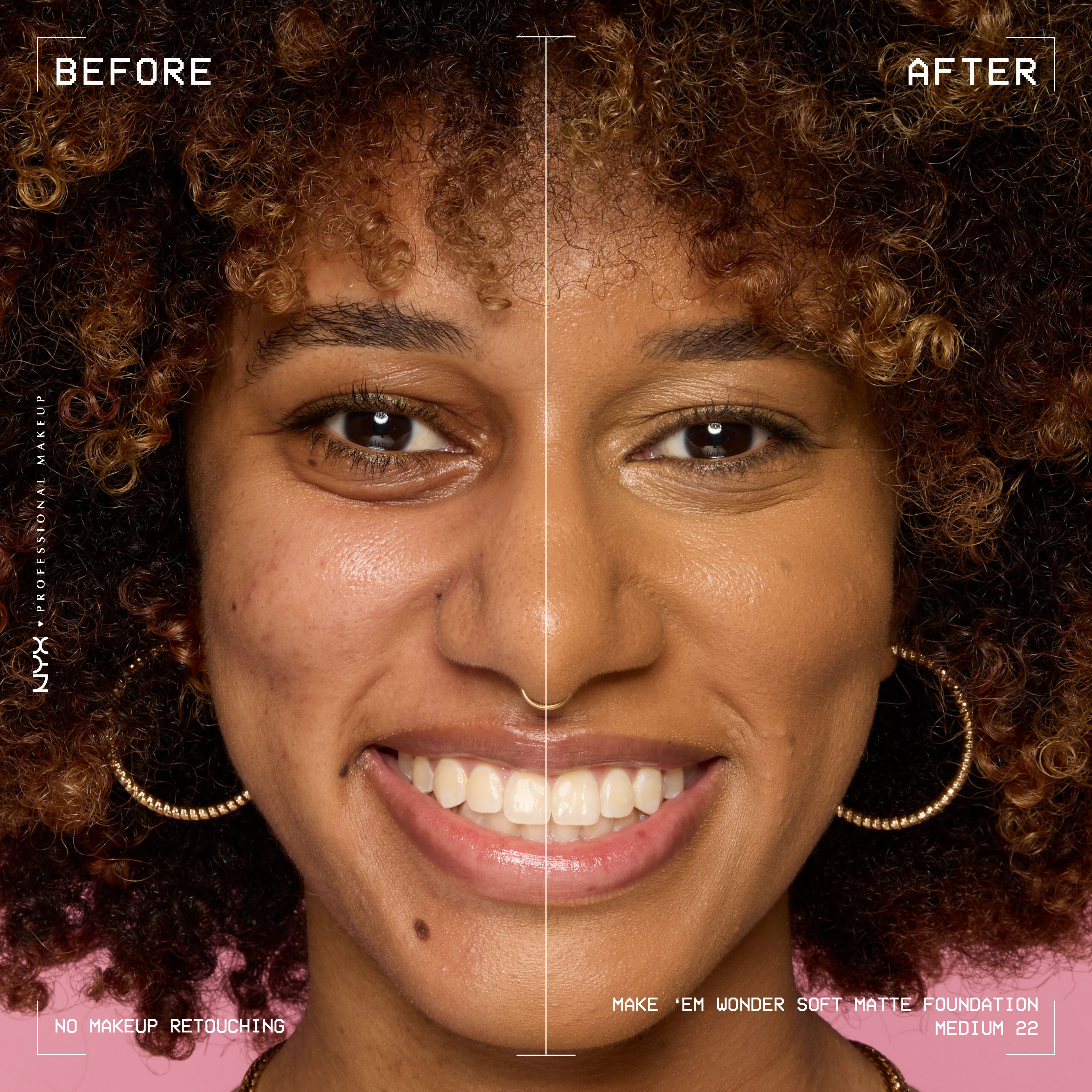 Before-and-after model wearing NYX Make ’Em Wonder Foundation shade 22 Medium, text overlay “Before / After.”