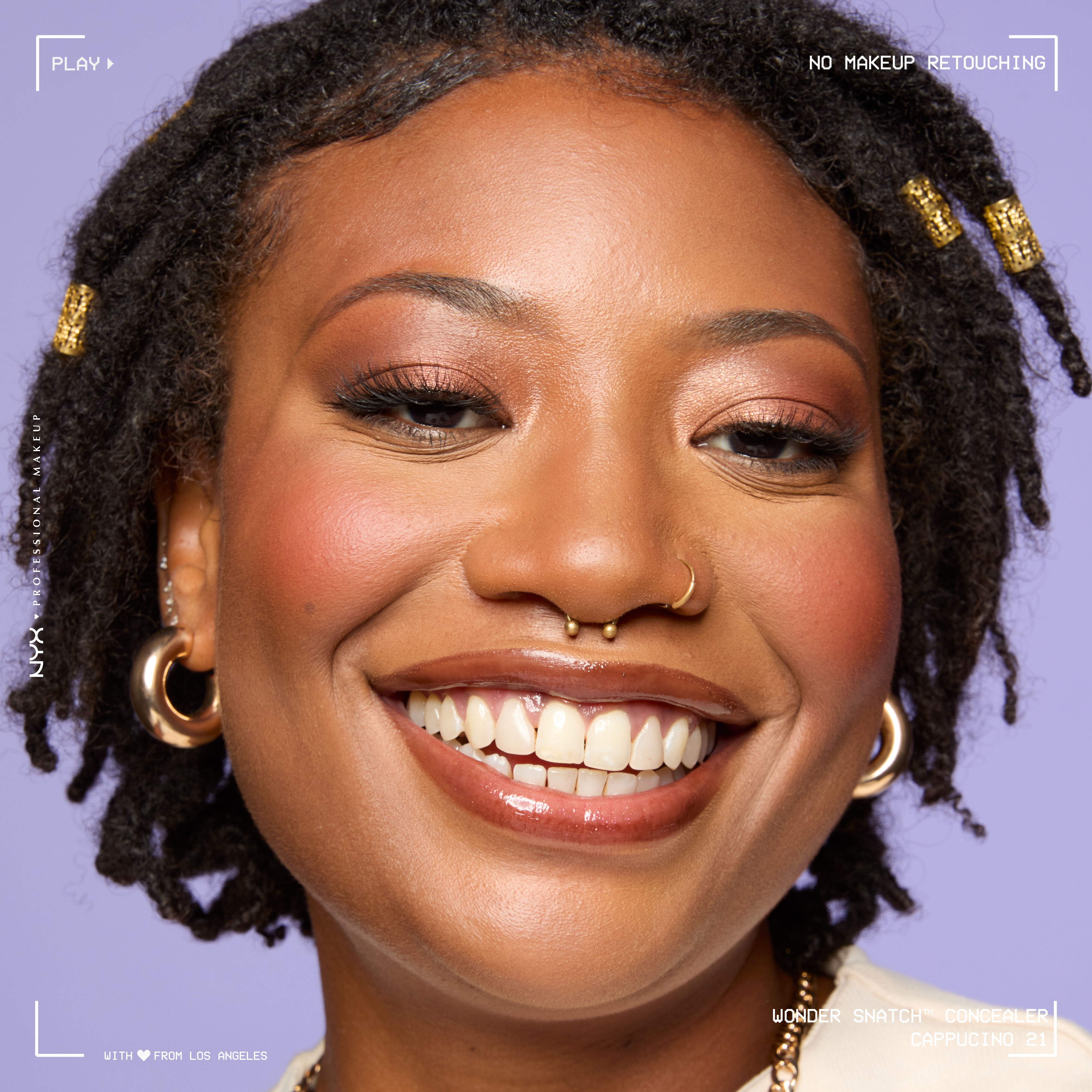 Close-up of model wearing Wonder Snatch(TM) Concealer, with brightened under-eyes, smooth-looking skin, and a natural finish.