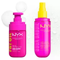 Two bright pink NYX Professional Makeup bottles on a light background: Fat Oil Suga Baddie body oil with pump dispenser and Suga Baddie hair & body fragrance mist with yellow spray pump.