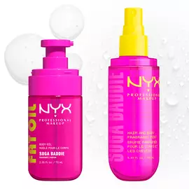 Two bright pink NYX Professional Makeup bottles on a light background: Fat Oil Suga Baddie body oil with pump dispenser and Suga Baddie hair & body fragrance mist with yellow spray pump.