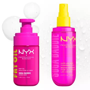 Two bright pink NYX Professional Makeup bottles on a light background: Fat Oil Suga Baddie body oil with pump dispenser and Suga Baddie hair & body fragrance mist with yellow spray pump.