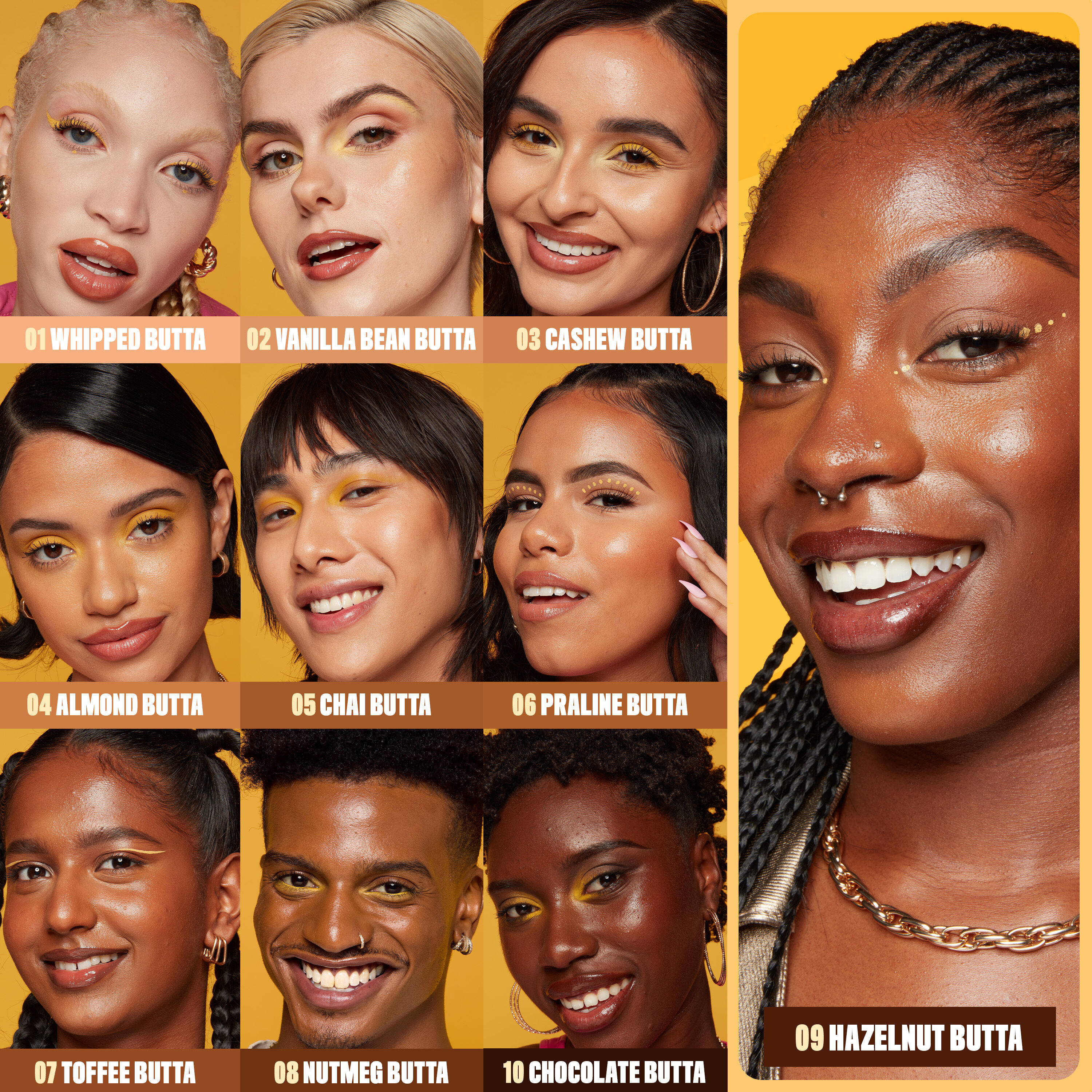 models wearing all ten shades of Buttermelt Glaze Skin Tint with SPF 30