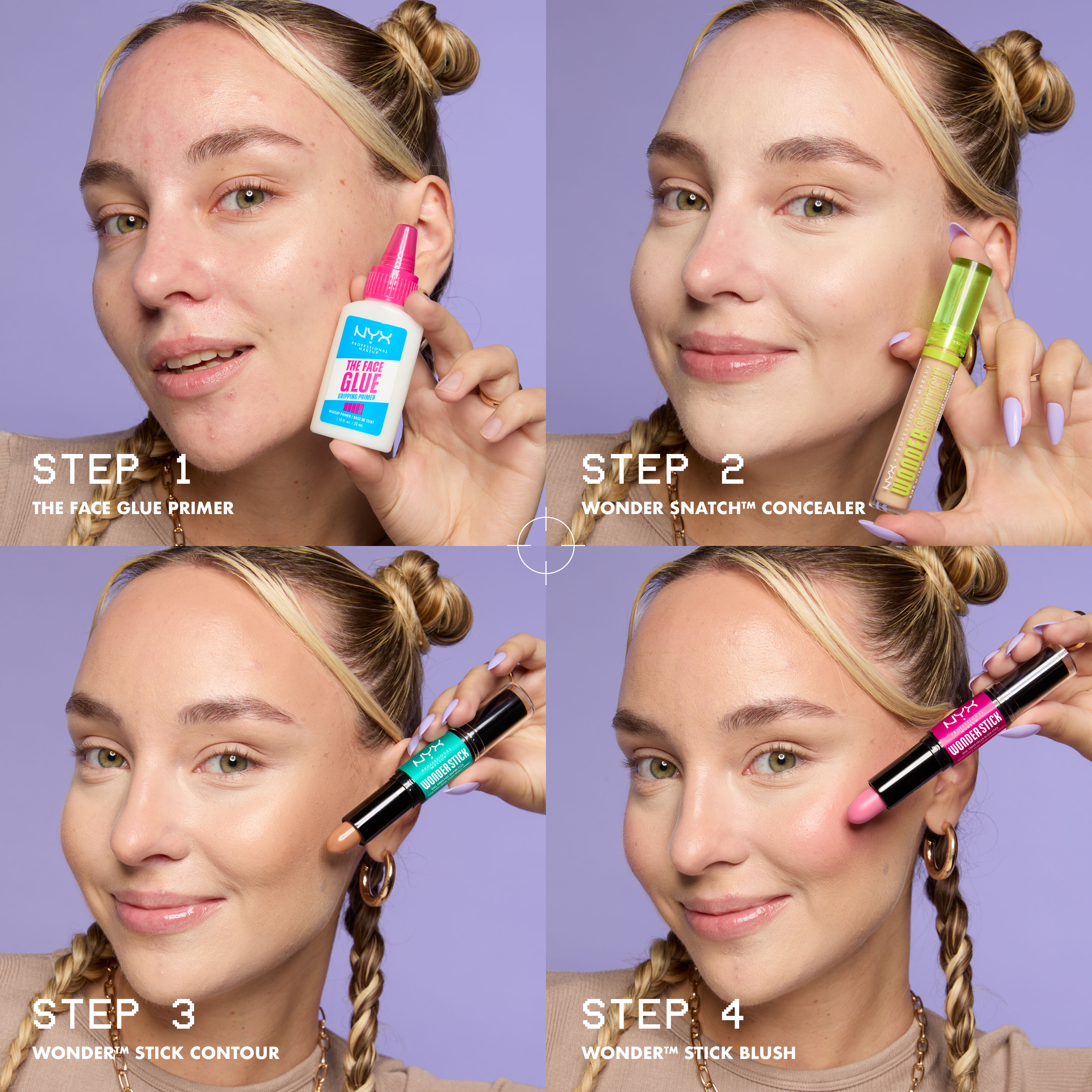 Four-step makeup routine collage showing a woman applying products in sequence: Step 1 Face Glue primer, Step 2 Wonder Snatch(TM) concealer, Step 3 Wonder Stick contour, and Step 4 Wonder Stick blush for a finished look.
