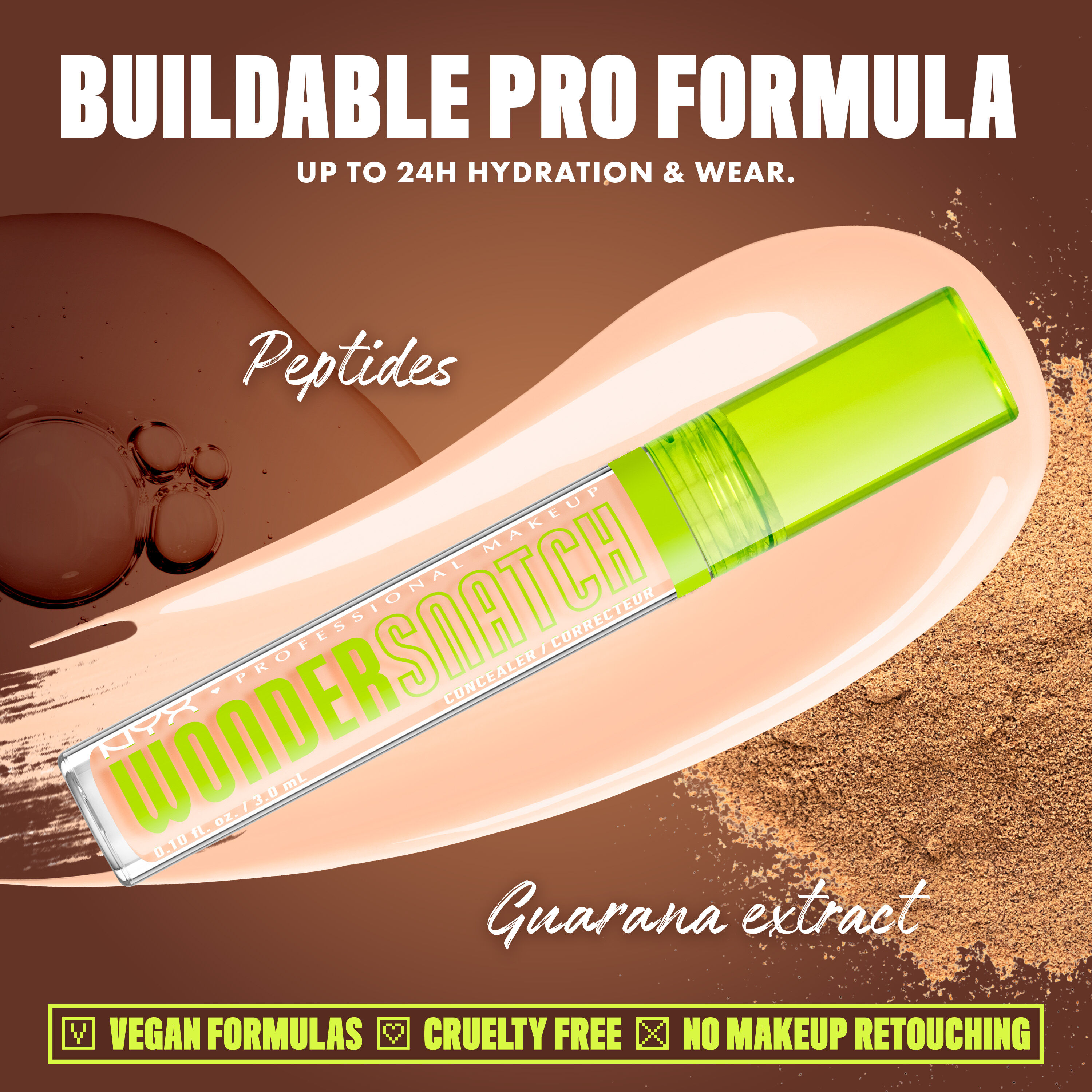 Wonder Snatch(TM) Concealer image with text: "Buildable Pro Formula. Up to 24H Hydration & Wear. Peptides. Guarana extract. Vegan Formulas. Cruelty Free. No Makeup Retouching."