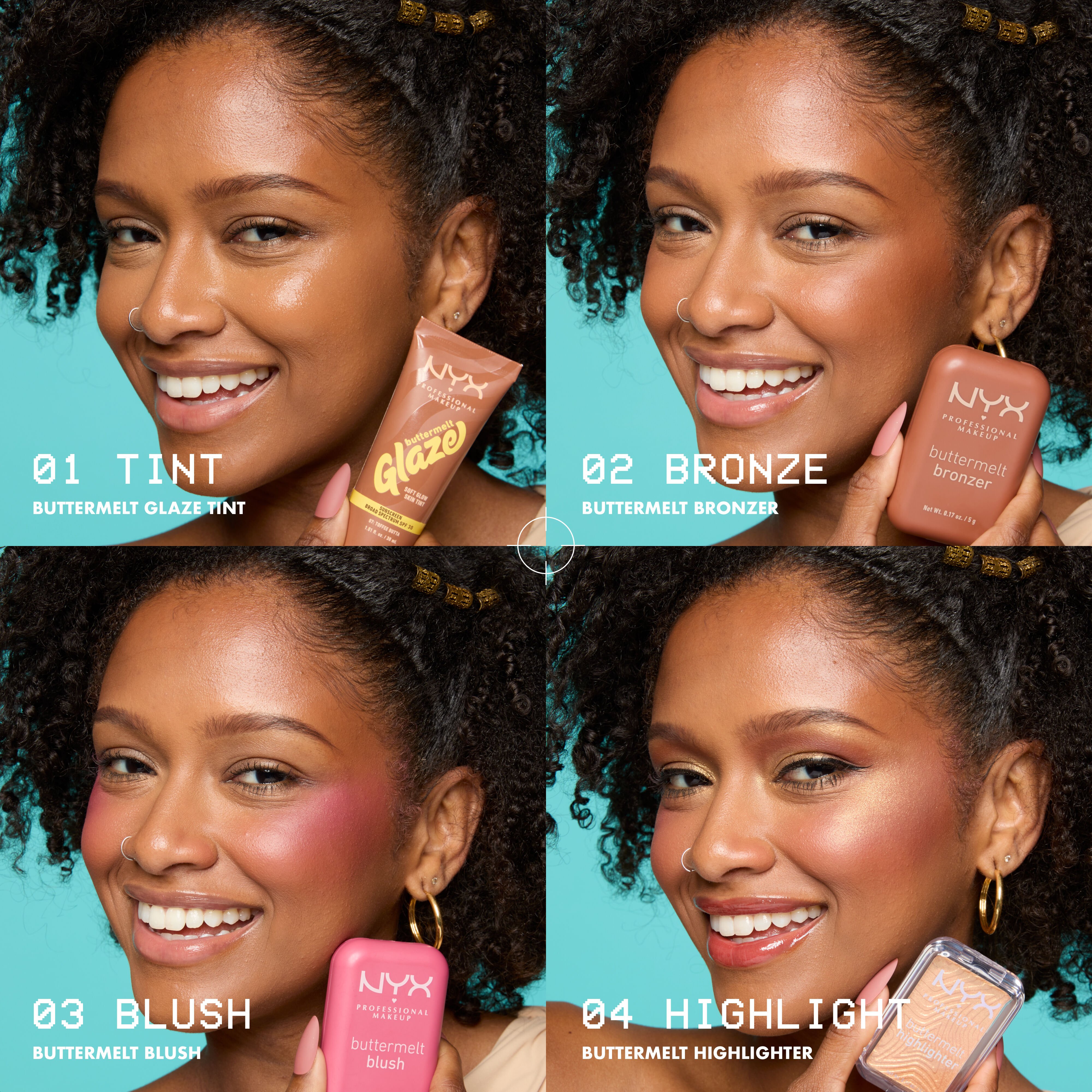 Collage showing a model's 4-step routine with Buttermelt Glaze Tint, Bronzer, Blush, and Highlighter