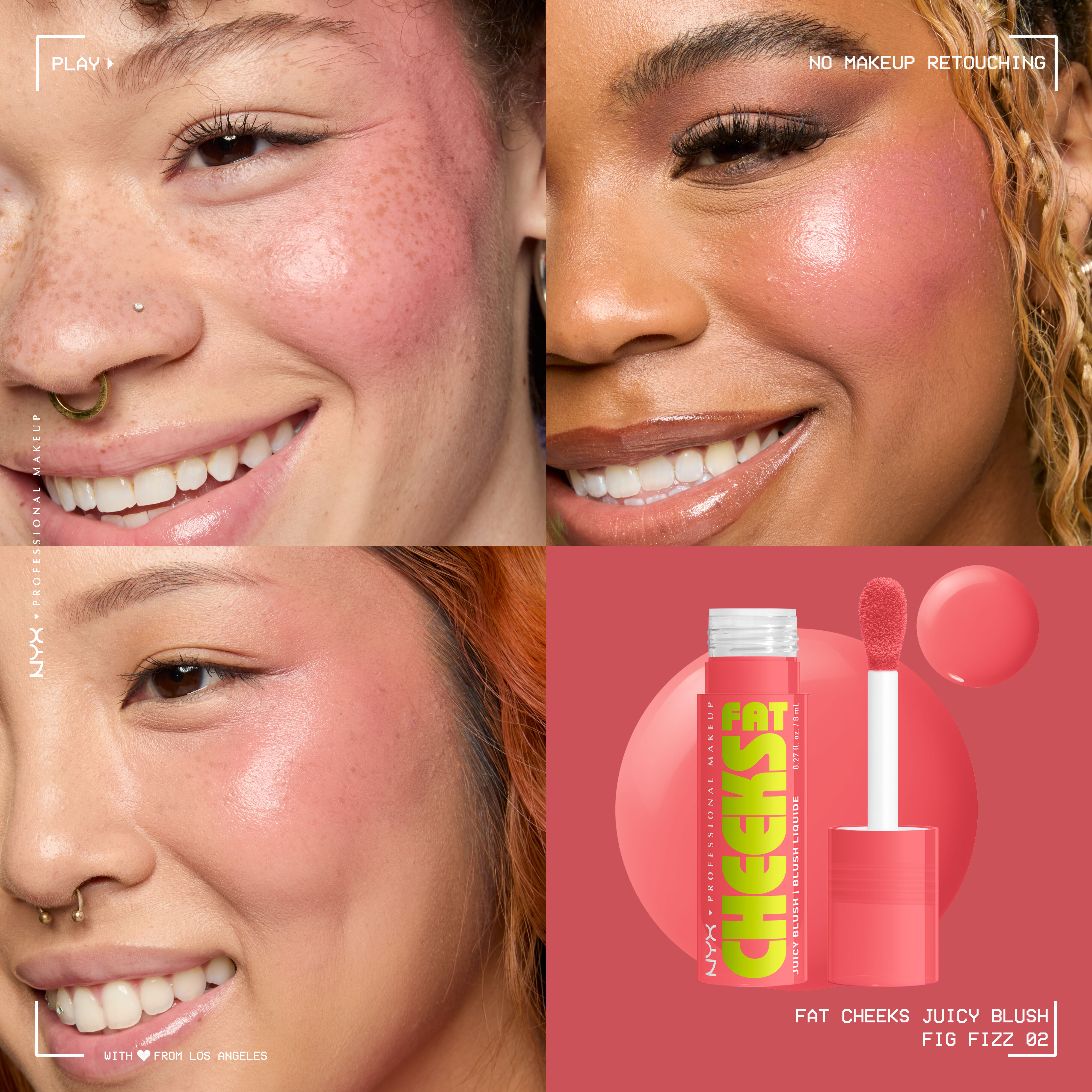 Fat Cheeks Juicy Blush liquid blush in shade Fig Fizz on three different models along with packshot of blush
