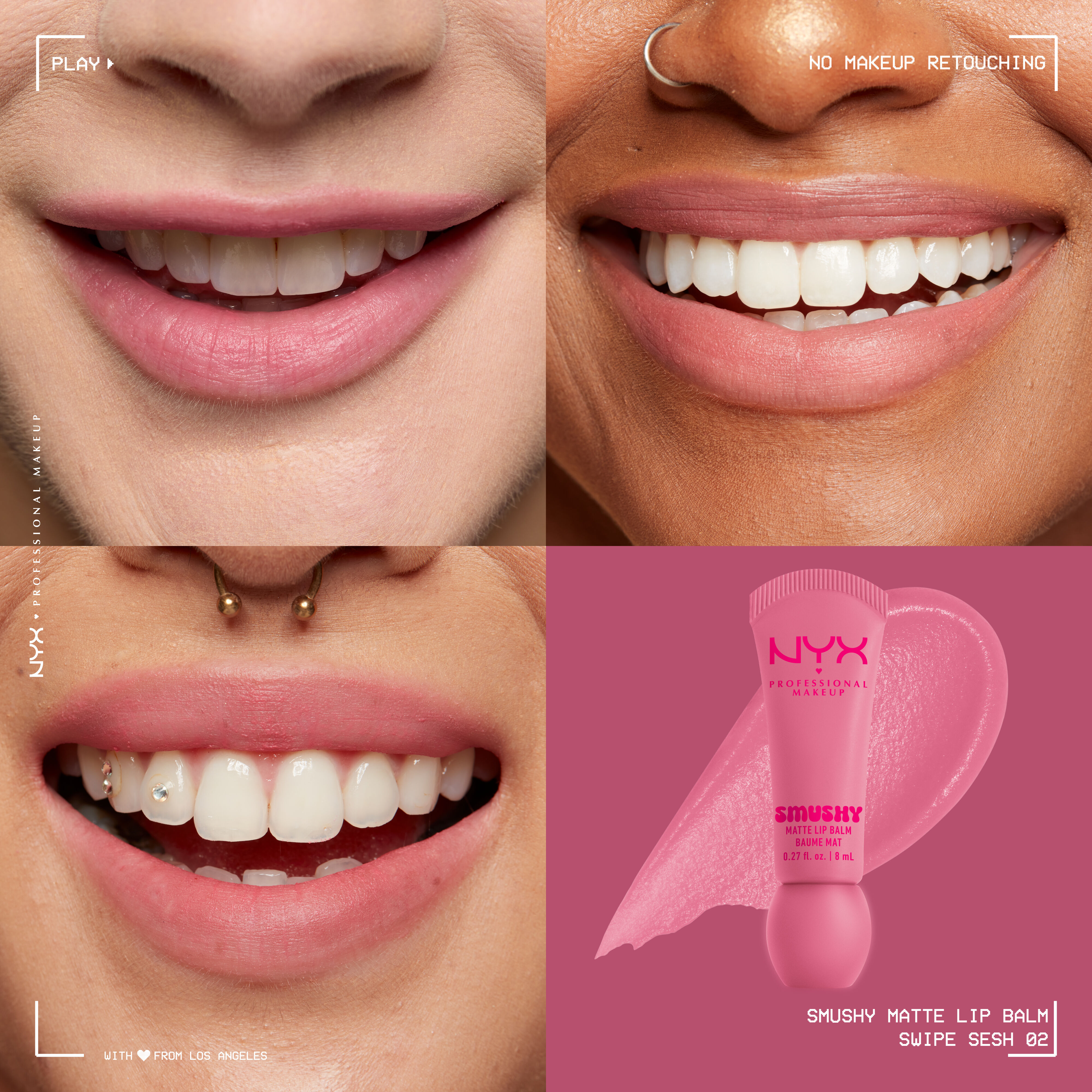 Smushy Matte Lip Balm in light dusty rose shade, Swipe Sesh, on three different skin tones