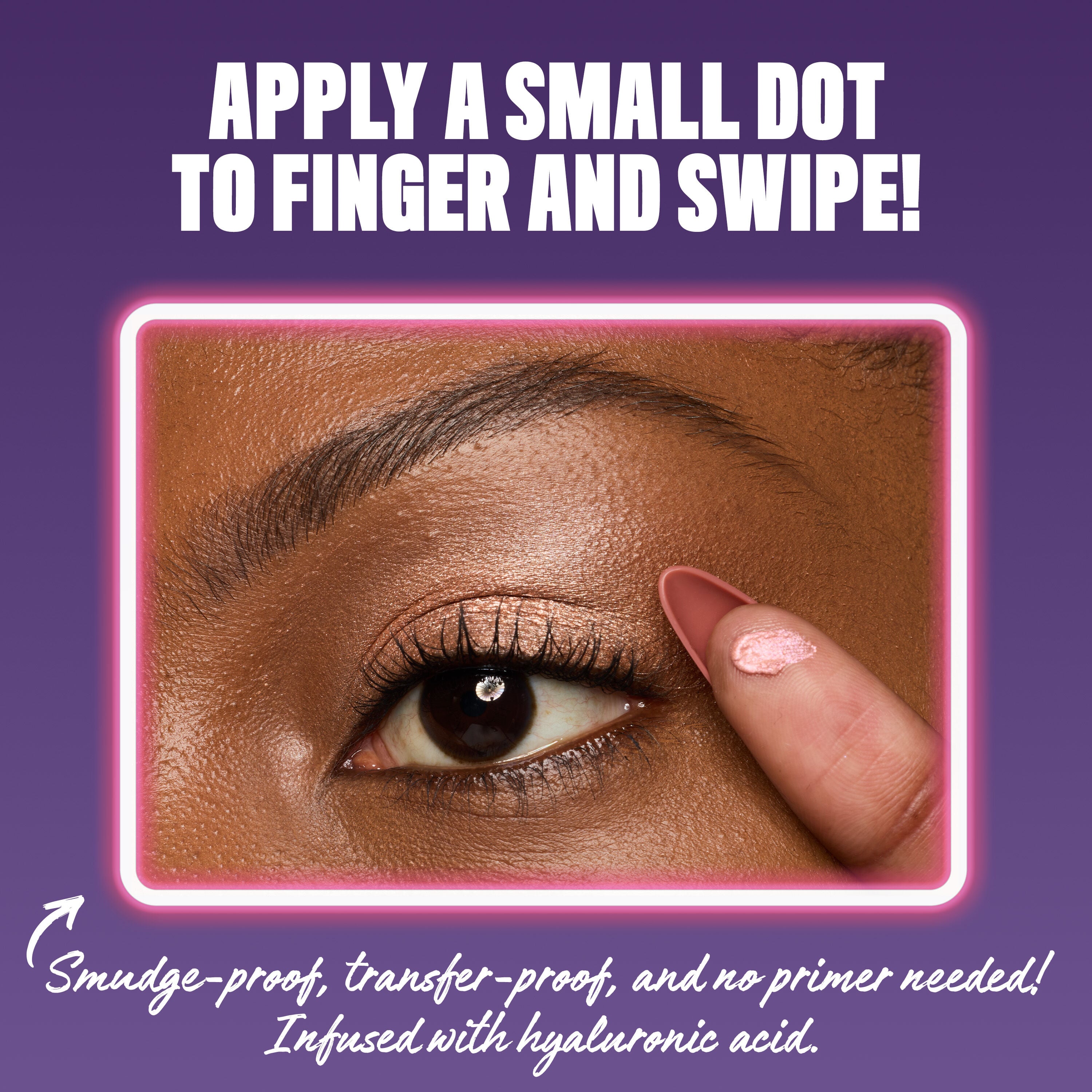 Close-up of a model with deep skin dotting Risky Rose cream eyeshadow onto her fingertip beside her eye, a smudge-proof, transfer-proof, no-primer formula infused with hyaluronic acid.