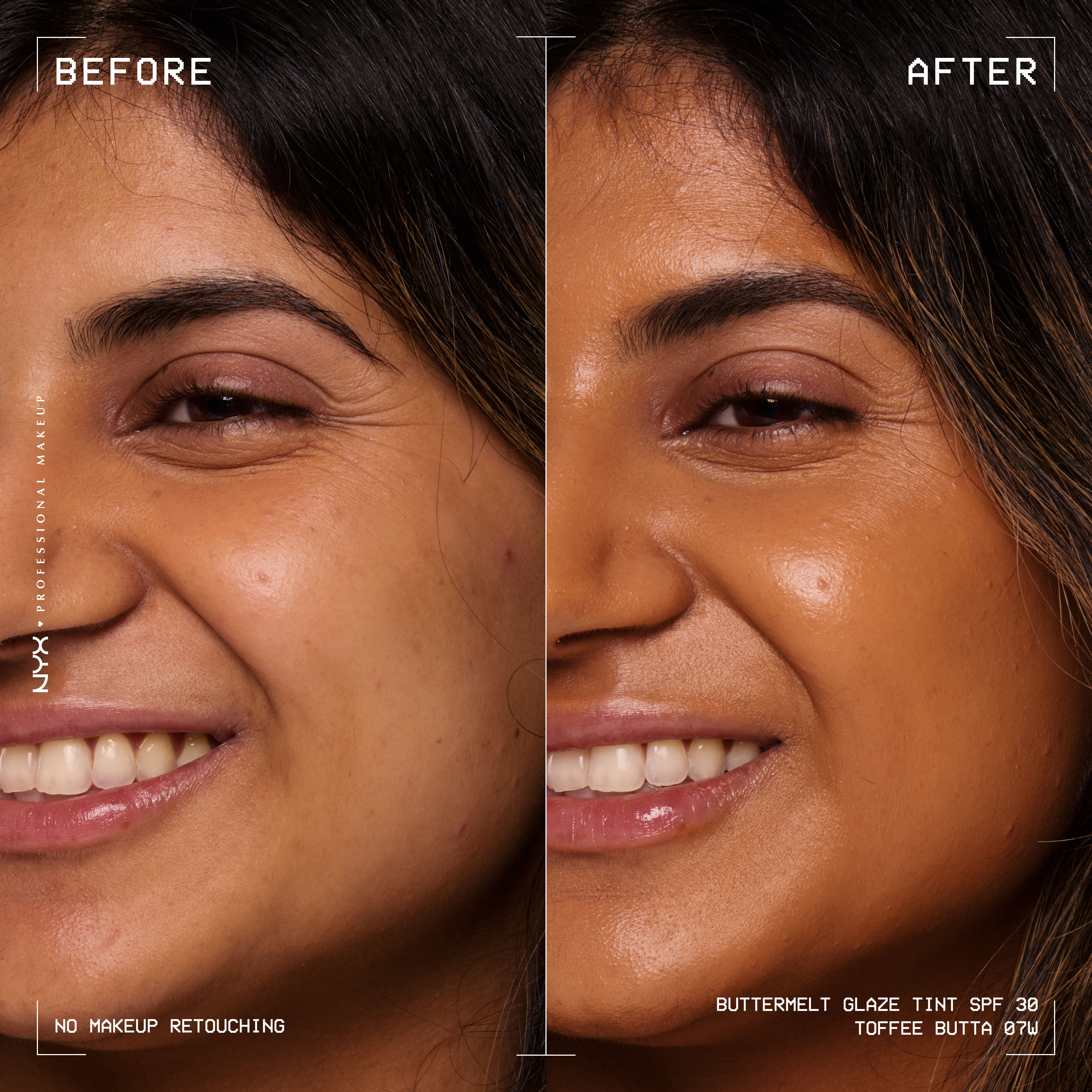 before and after images of person wearing Buttermelt Glaze Skin Tint with SPF 30