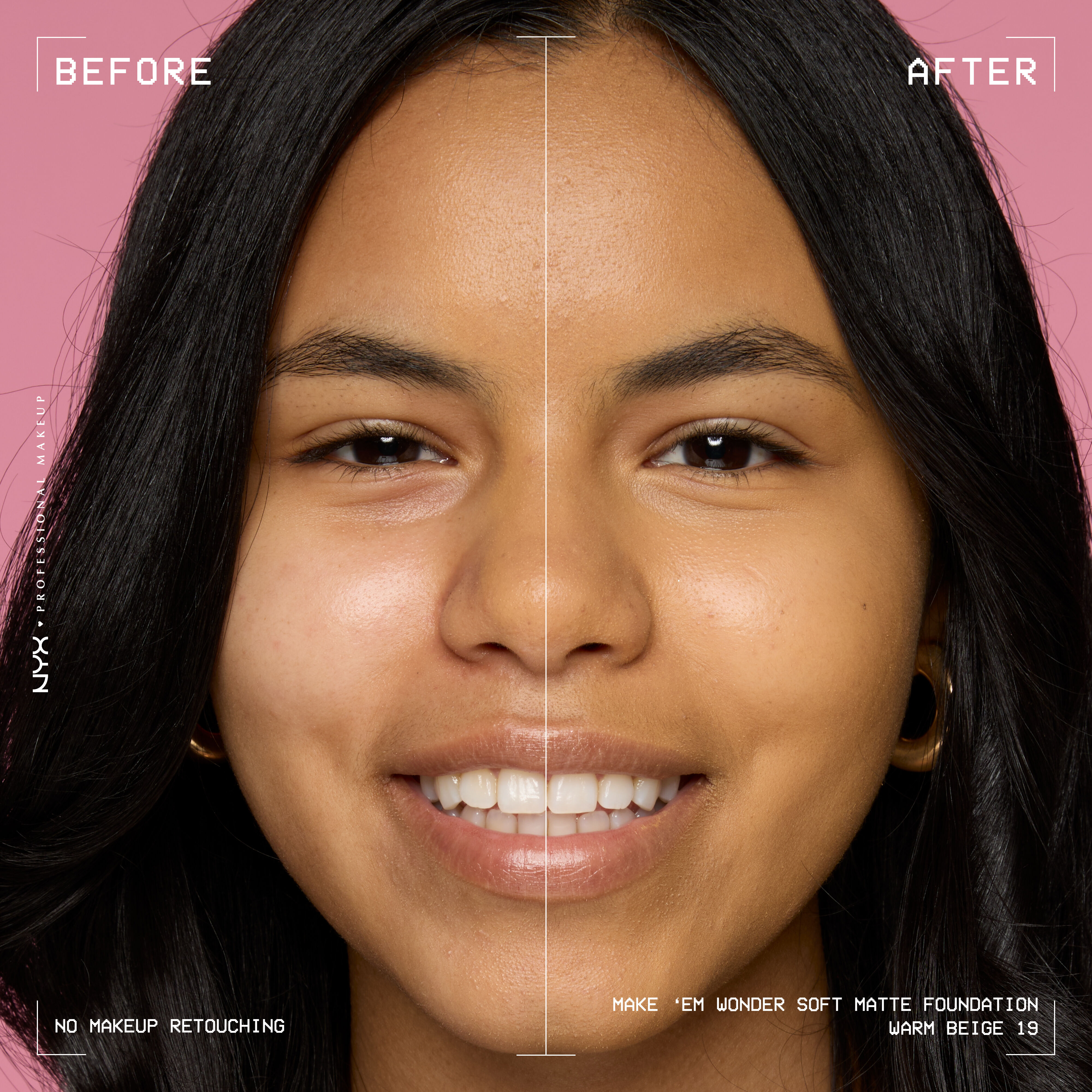 Before-and-after model wearing NYX Make ’Em Wonder Foundation shade 19 Warm Beige, text overlay “Before / After.”