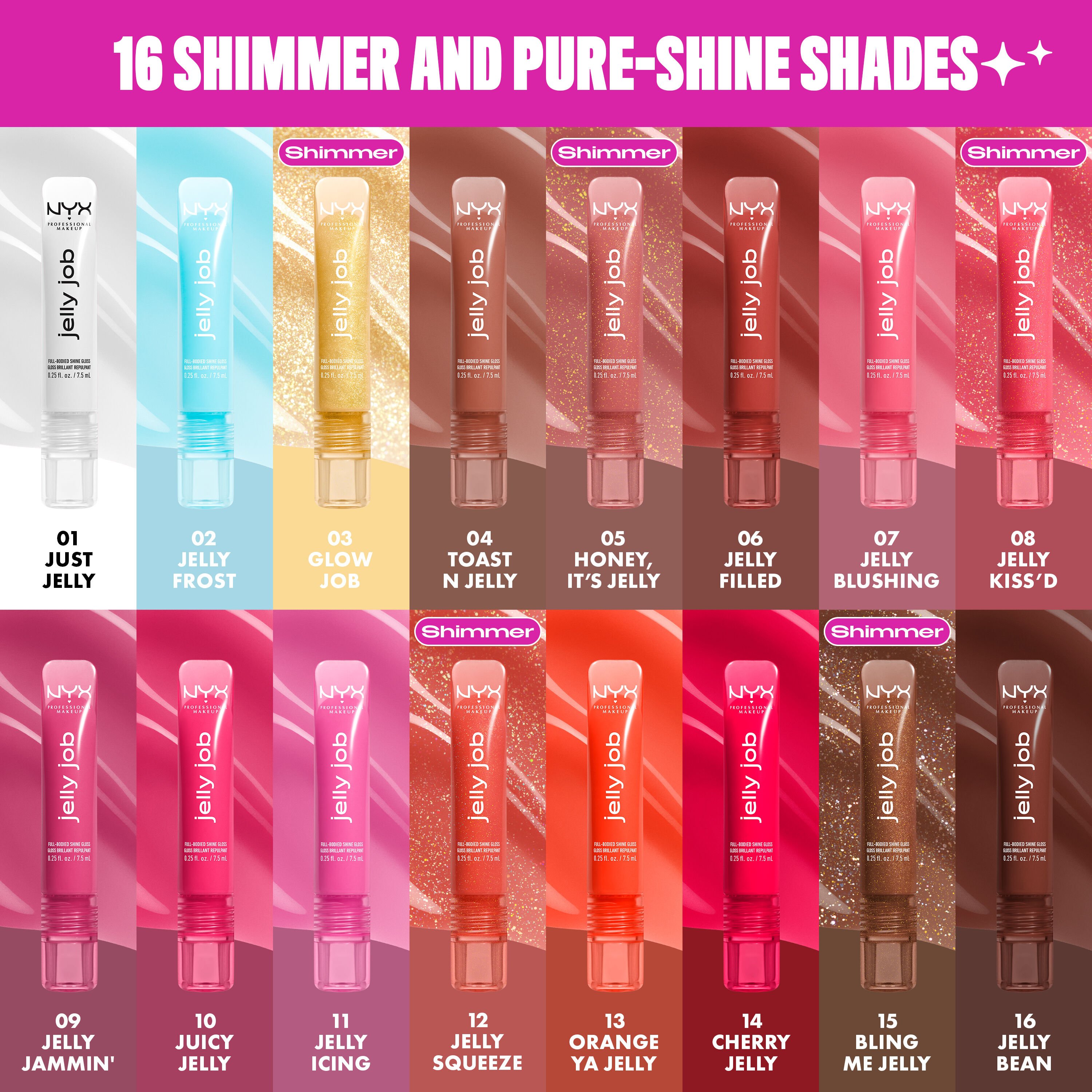 Collage of all 16 Jelly Job Jelly Lip Gloss shades, with shade number & name overlay, with background shade swatch on each