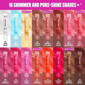 Collage of all 16 Jelly Job Jelly Lip Gloss shades, with shade number & name overlay, with background shade swatch on each