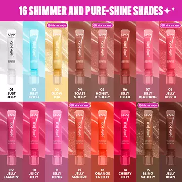 Collage of all 16 Jelly Job Jelly Lip Gloss shades, with shade number & name overlay, with background shade swatch on each