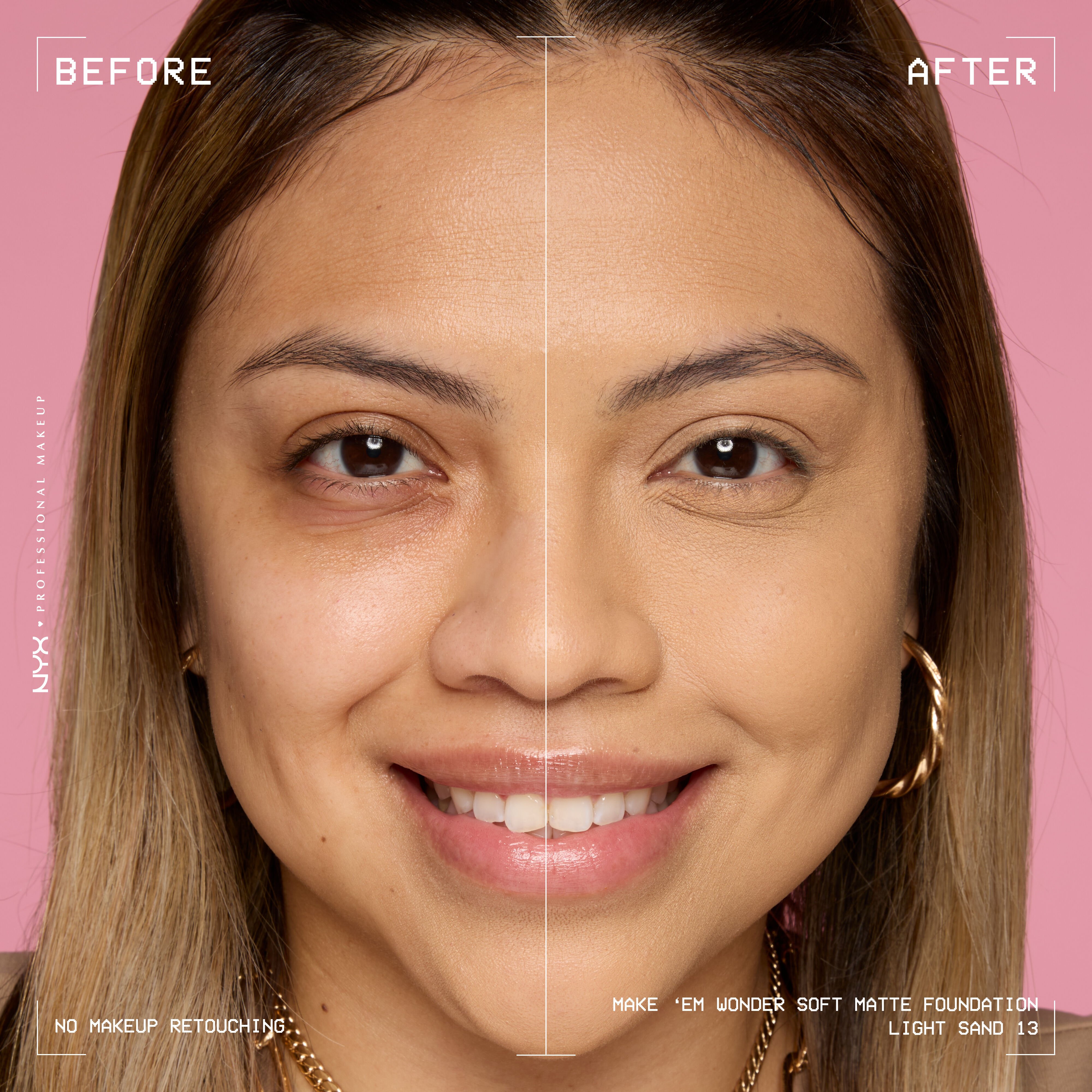 Before-and-after model wearing NYX Make ’Em Wonder Foundation shade 13 Light Sand, text overlay “Before / After.”