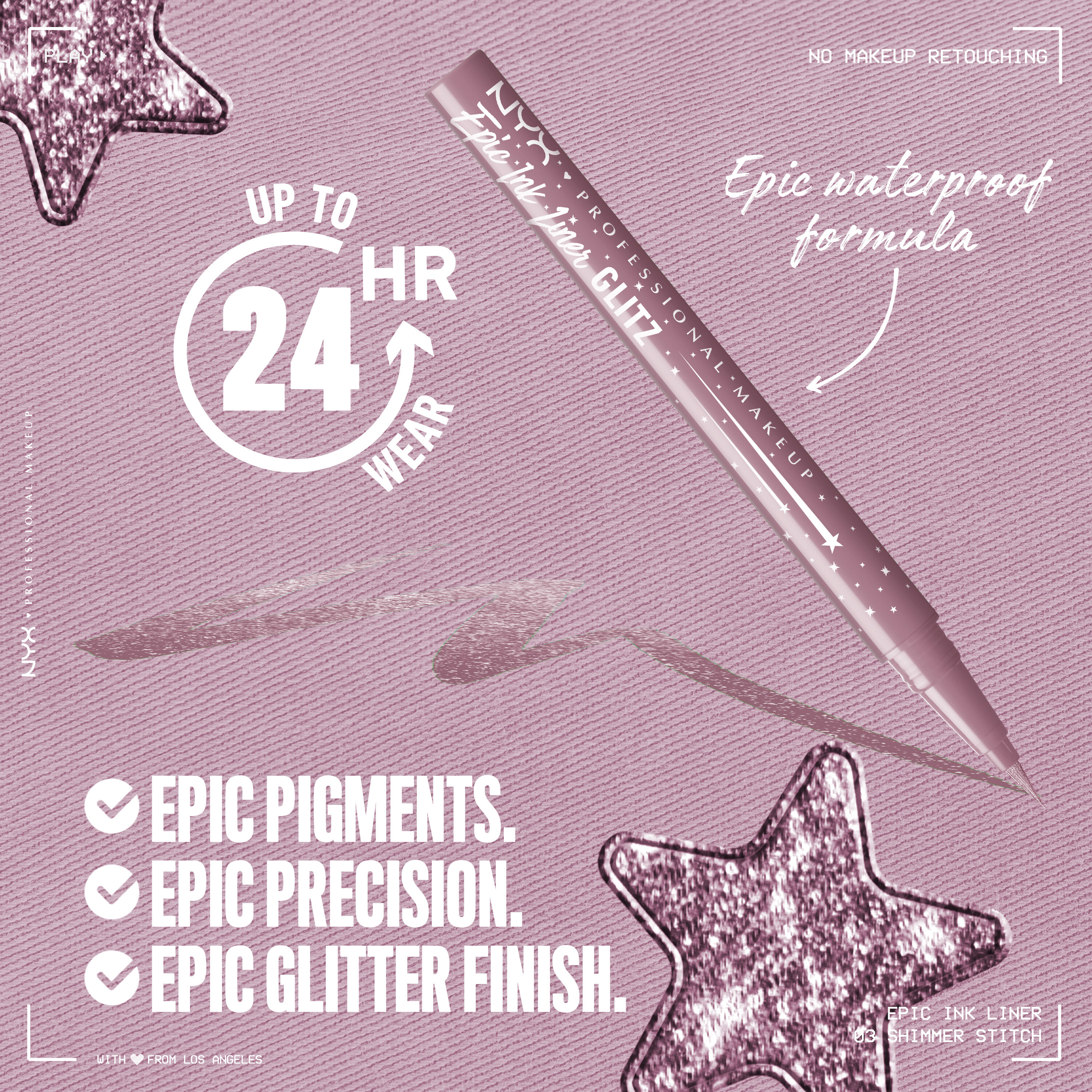 Epic Ink Liner in shimmer mauve purple with text "Up to 24 HR wear. Epic Pigments. Epic Precision. Epic Glitter Finish"