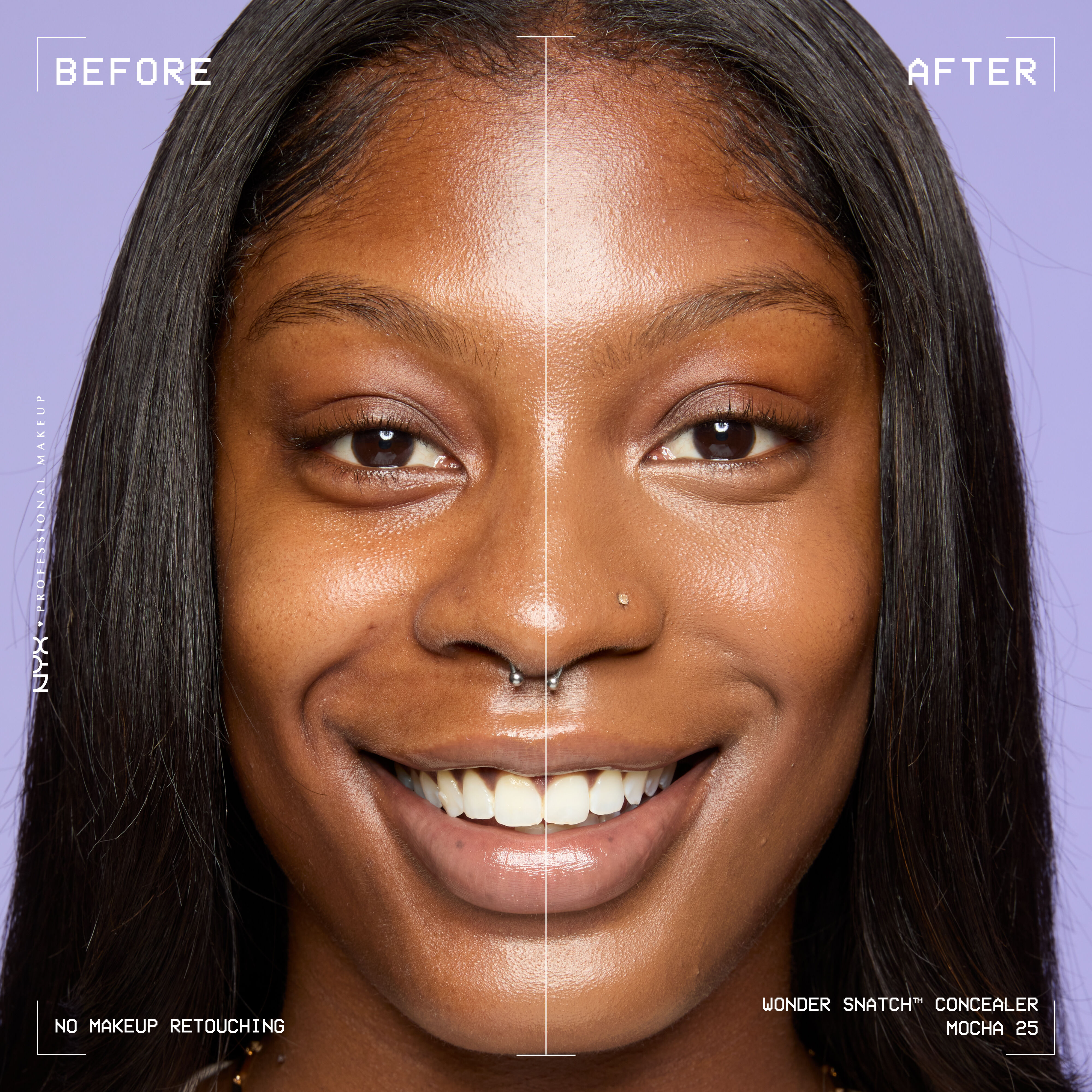 Before-and-after comparison of model wearing Wonder Snatch(TM) Concealer, showing brighter under-eyes and smoother-looking skin.